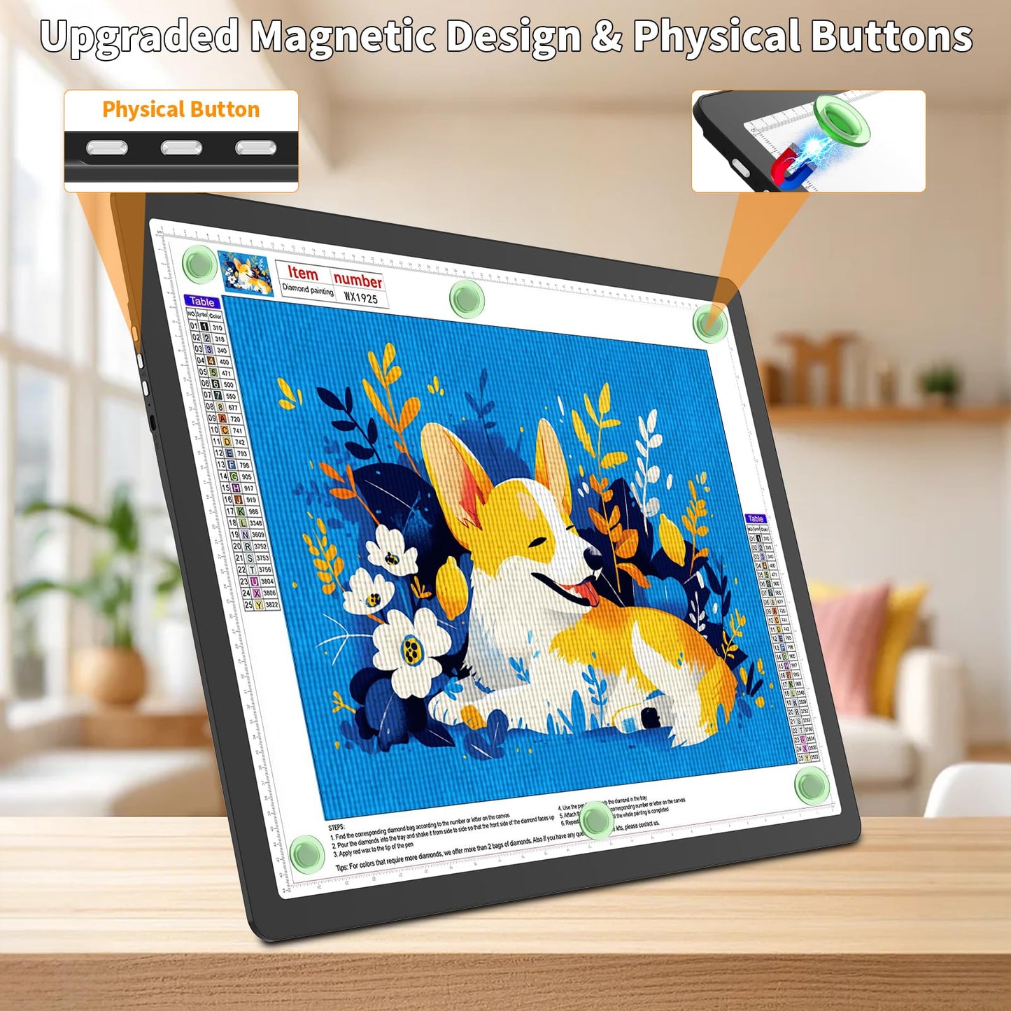TOHETO Rechargeable Magnetic A2 Light Board 25.2''x18.4'', Large Diamond Painting Light Pad with Side Buttons, 3 Light Colors Light Box for Tracing and Drawing, Dimming LED Light Table for Sketching