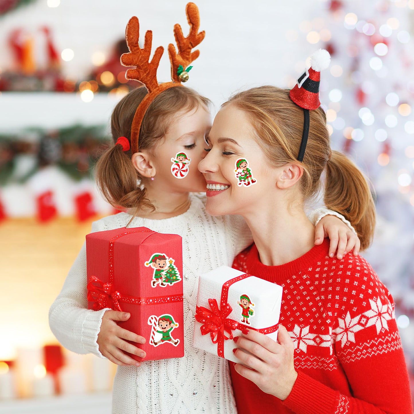 1000Pcs Christmas Stickers Roll 8 Designs Elves Decals Assorted Funny Cartoon Xmas Elf Adhesive Decorative Stickers for Gift Greeting Card Party Supplies