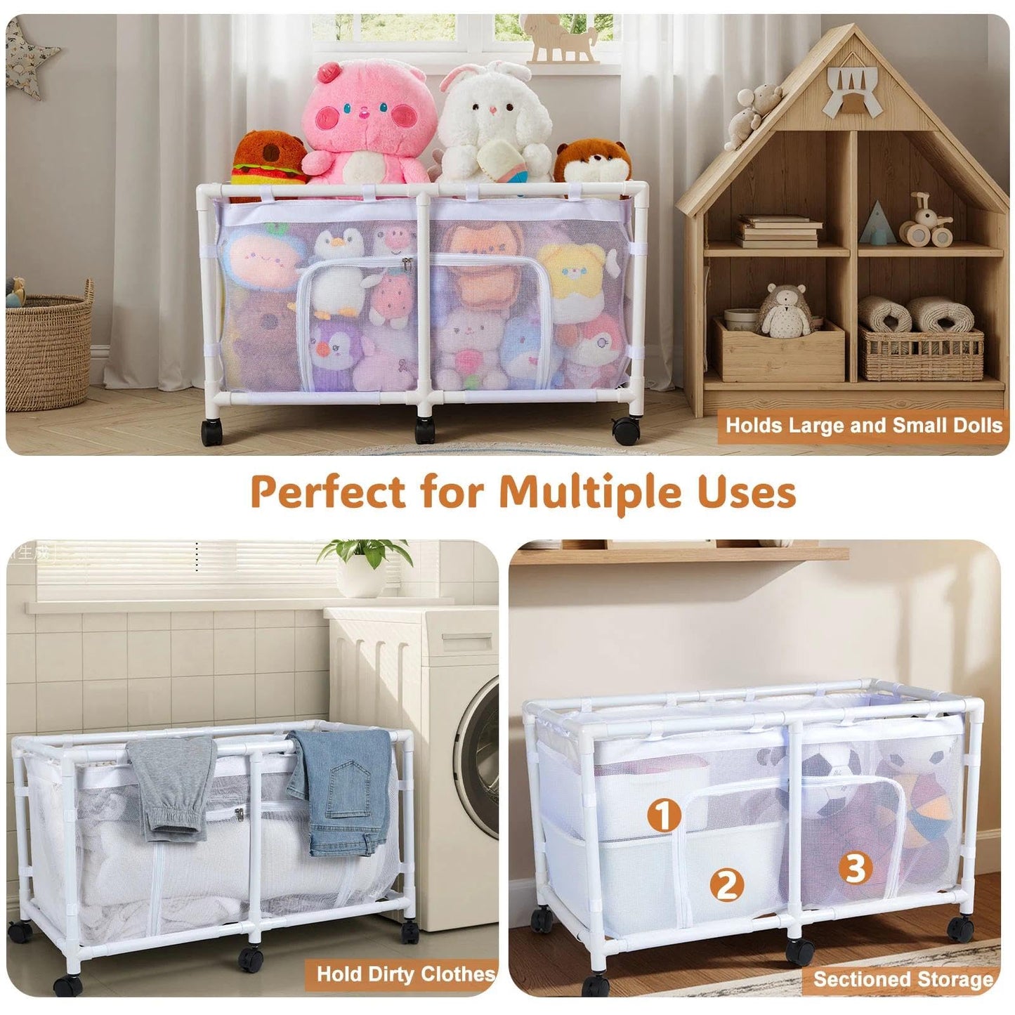 FIOBEE Toy Box for Girls Boys with See-through Mesh & 360° Rotating Wheels Toy Chest Organizer Easy Install Stuffed Animal Storage for Nursery Playroom Toy Storage Bin, White