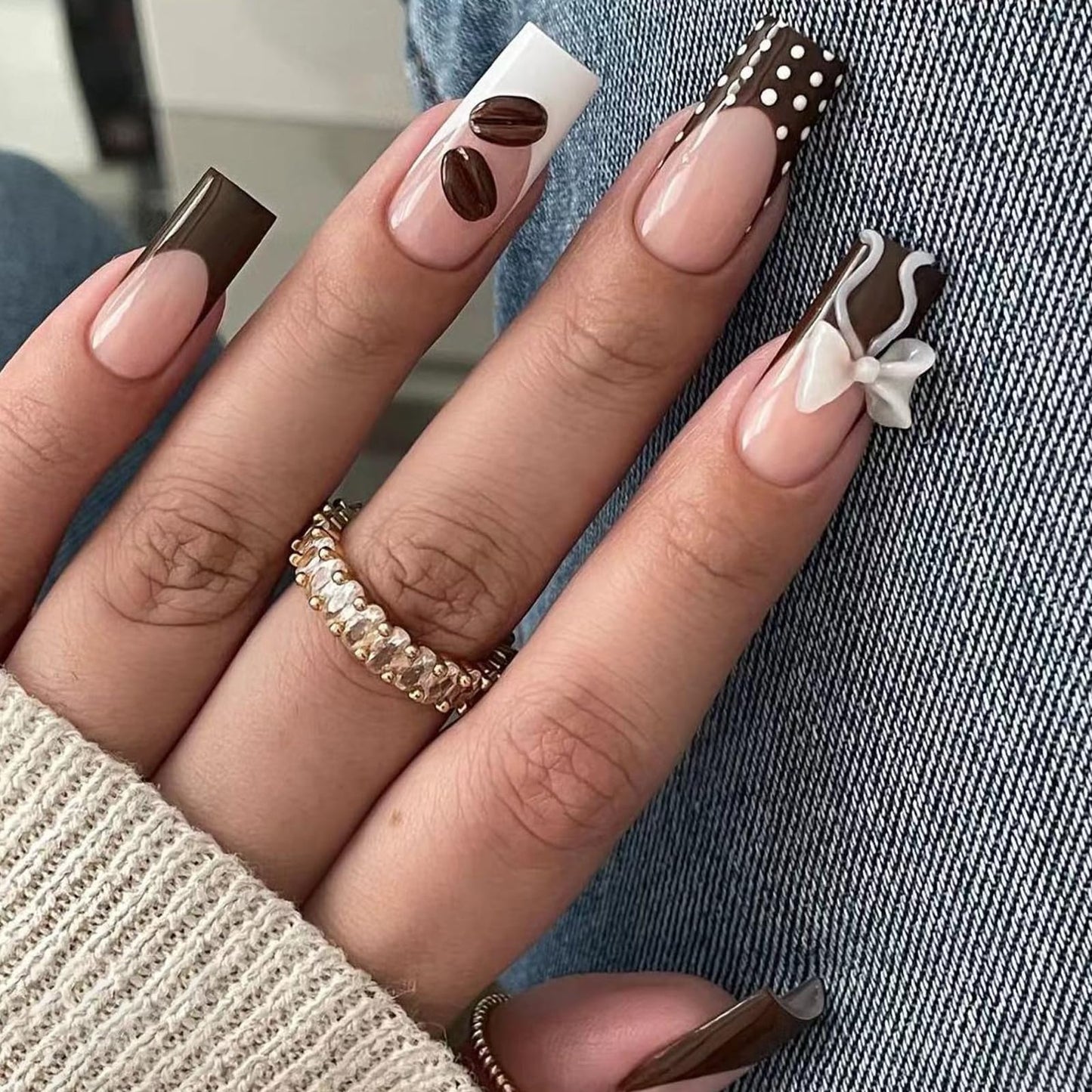 IMRAIN Square Press on Nails Long Fake Nails Brown French Tip False Nails with Polka Dot, Bow, Coffee Bean Design Reusable Artificial Handmade Stick on Nails for Women Manicure