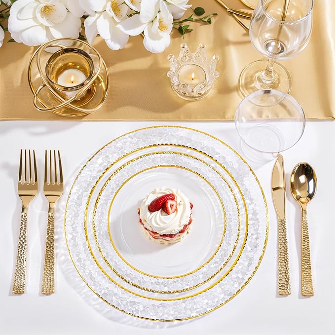 Nervure 102PCS Gold Plastic Plates - Disposable Clear Gold Party Plates Include 51PCS 10.25inch Dinner Plate & 51PCS 7.5inch Dessert Plate Perfect for Wedding & Party & Christmas (Pack of 2)