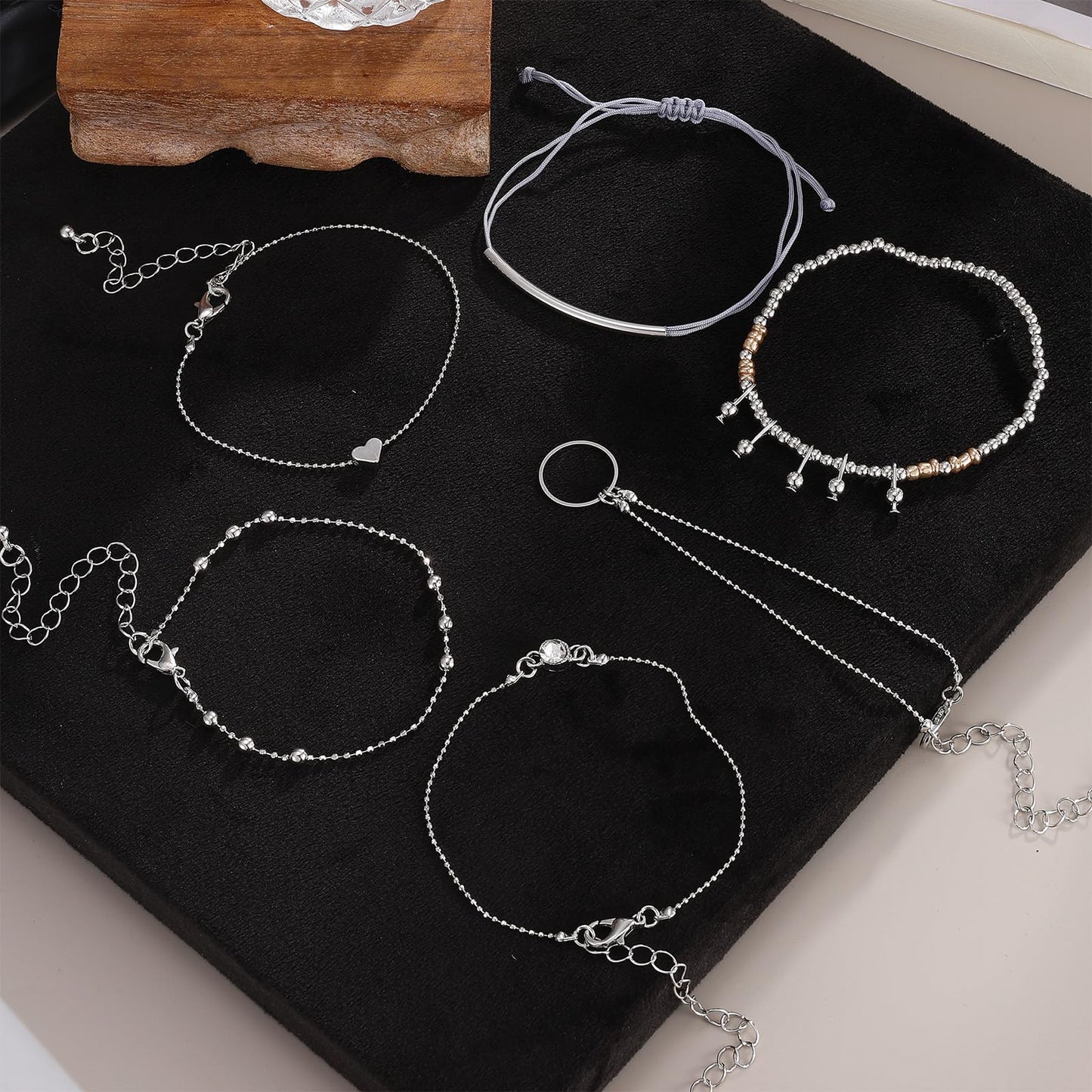 IFKM 6 PACK (27 PCS) Silver Chain Bracelets Set for Women, Silver Plated Multiple Layered Stackable Open Cuff Bangle Bracelet Anklet Adjustable Link Tennis Beads Italian Cuban Jewelry