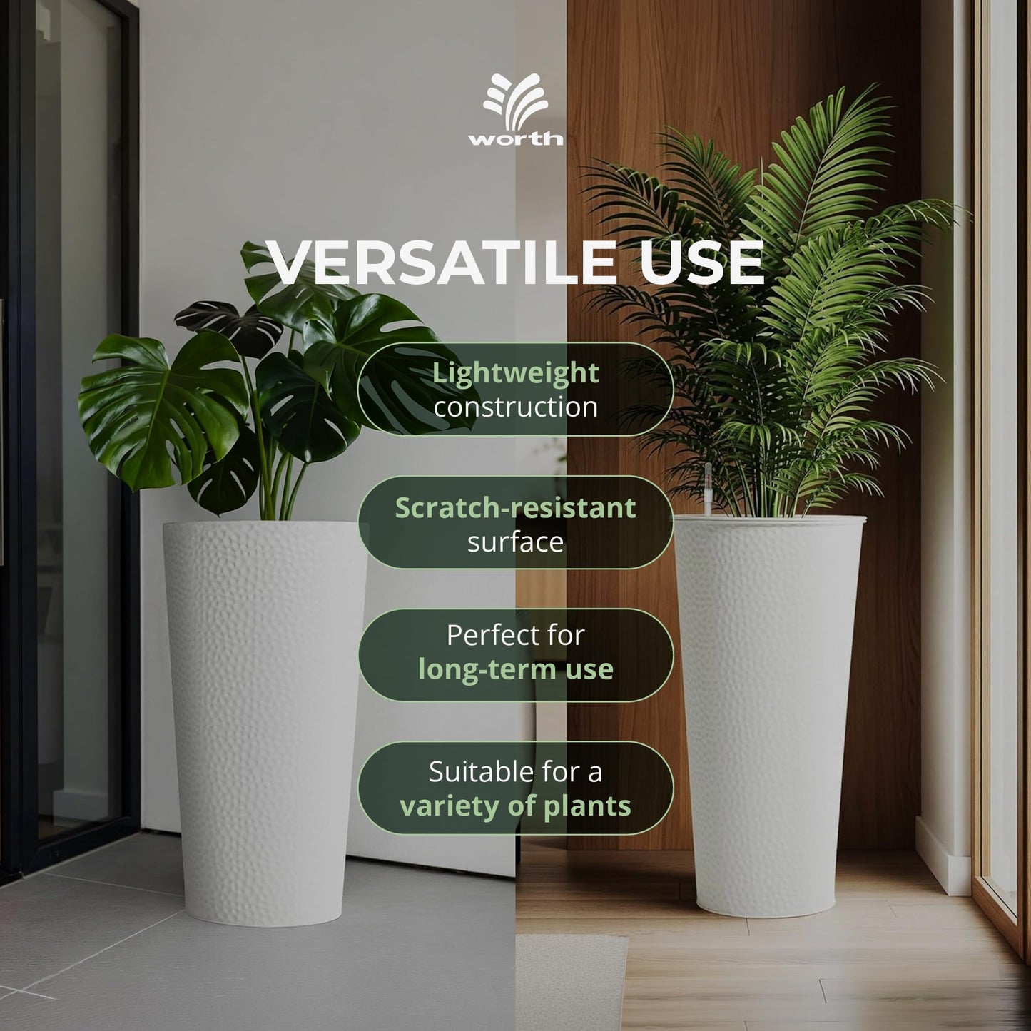 Worth 2 Pack 28" Tall Narrow Metal Planter with Inside Pot for Indoors or Outdoors, Deck, Patio or Front Porch, Hand-Hammered Texture, White