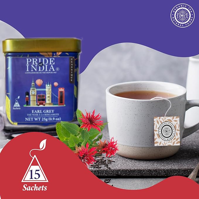 Pride of India | PACK of 6 - Earl Grey Bergamot Black Tea | 15 Pyramid Full Leaf Individually Wrapped Tea Bags | Full-Bodied, Citrusy Flavor | Single Estate Certified Tea | High Caffeine