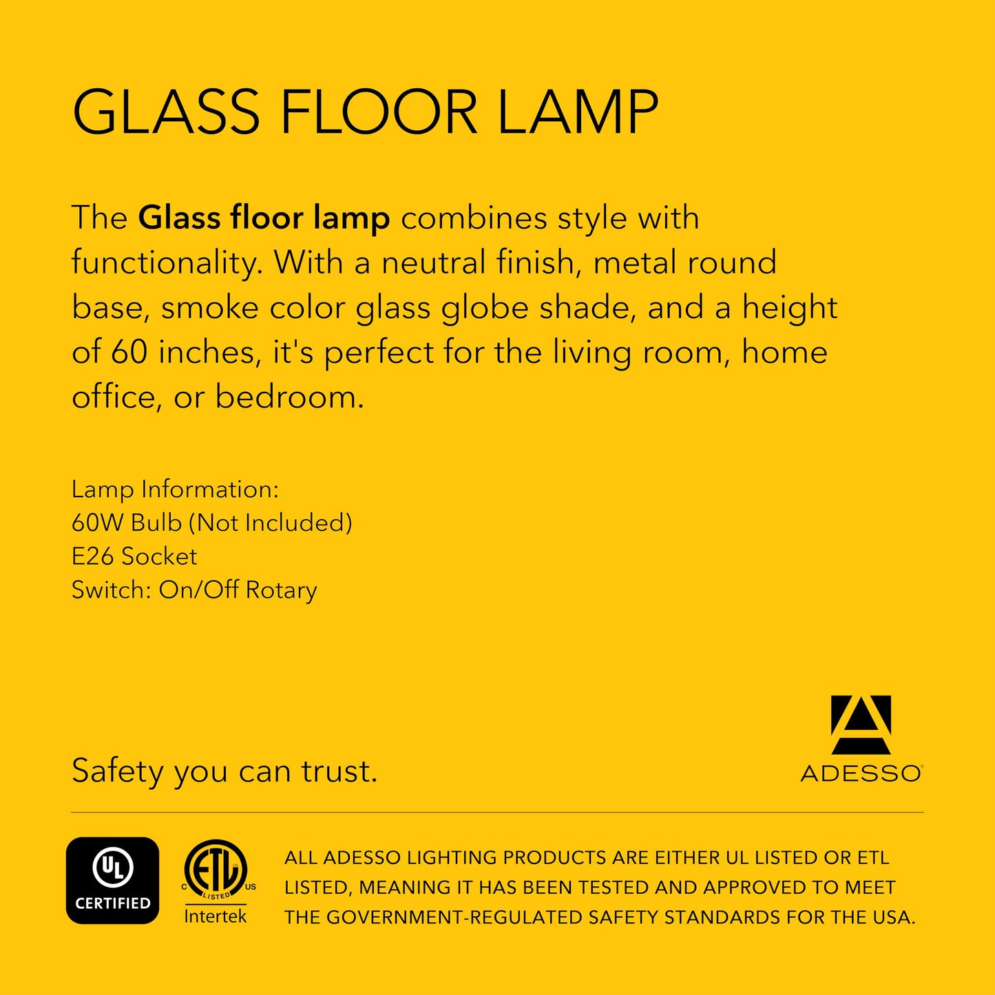 Adesso Globe Smoked Glass Floor Lamp with Antique Brass Finish – 60” Tall, Compact 10.5” Wide Base