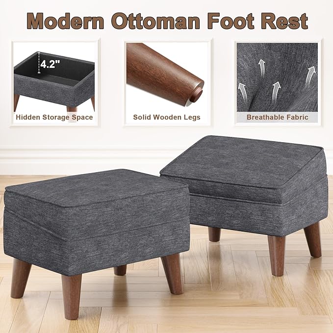 Small Footstool Ottoman with Storage, Ottoman Foot Rest, Modern Foot Stool with Adjustable Lid and Sturdy Wood Legs for Living Room, Bedroom, Couch, Enterway, Light Gray