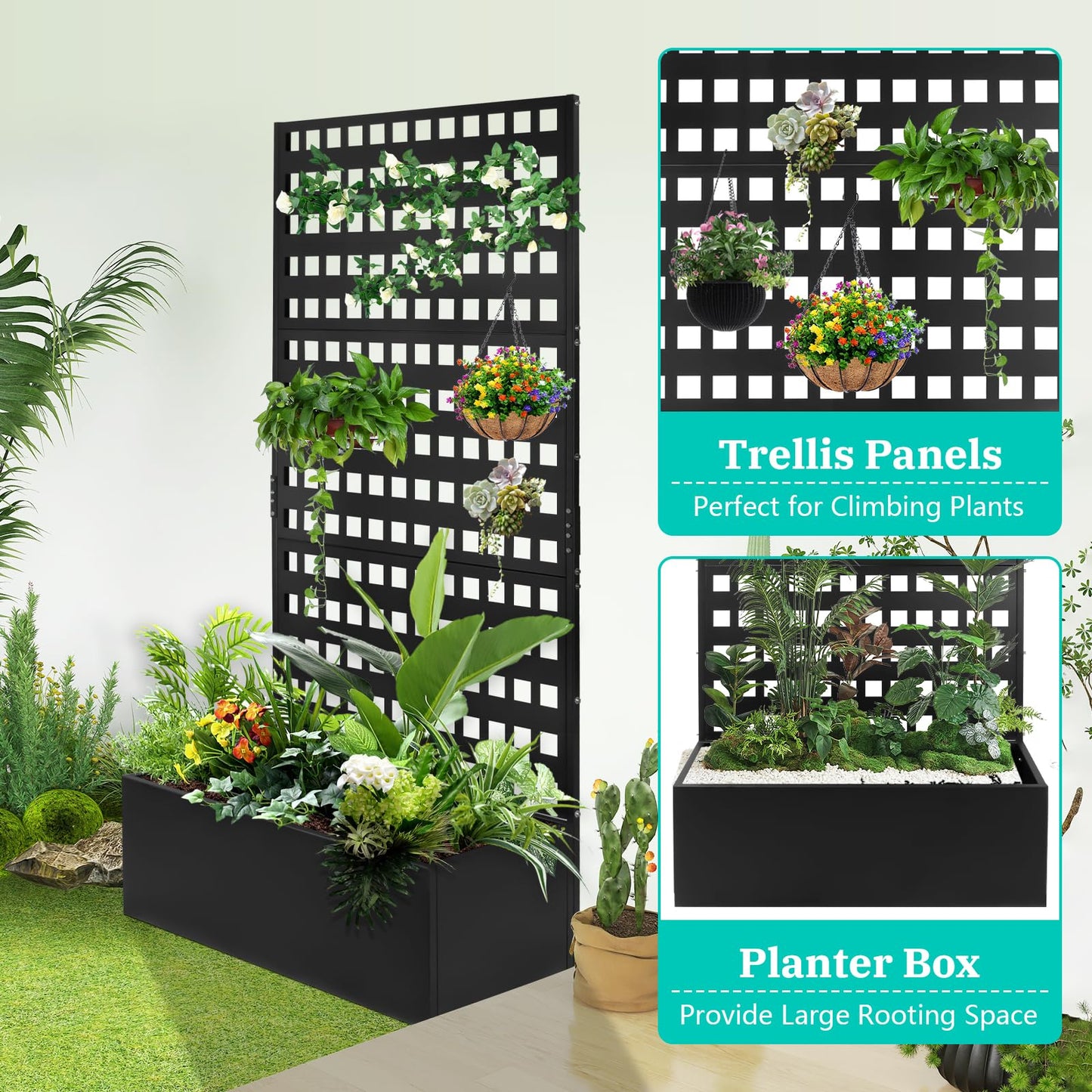 TRVFPON Metal Planter Box with Trellis Raised Garden Bed with Drainage Holes， Privacy Planters for Patio as a Privacy Screen for Climbing Plants Outdoor (35x18x71Inch)