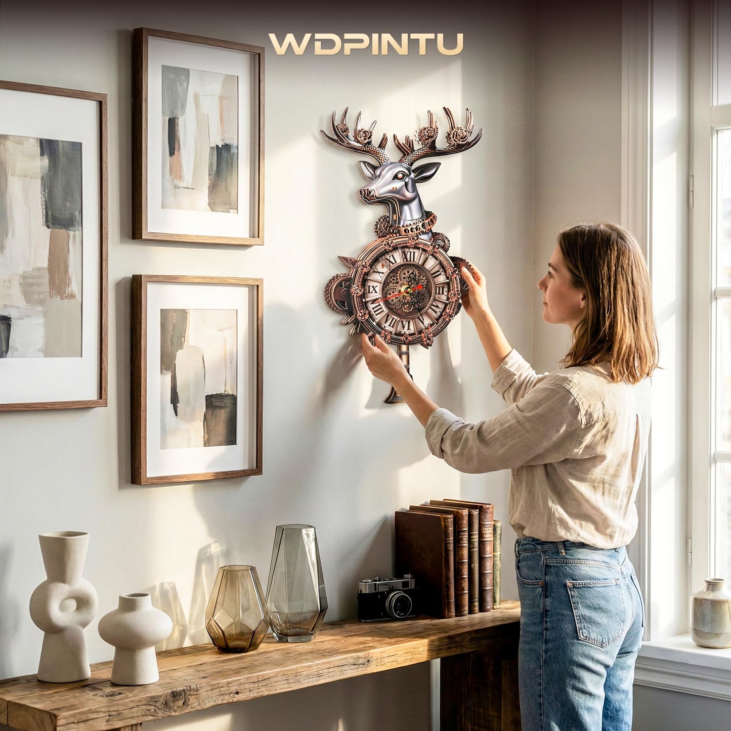 WDPINTU 3D Wooden Clock Puzzle – Steampunk Deer Head Design – DIY Model Kit for Adults & Teens (15+) – Unique Wall Decor with Roman Numerals – Gift-Ready Packaging