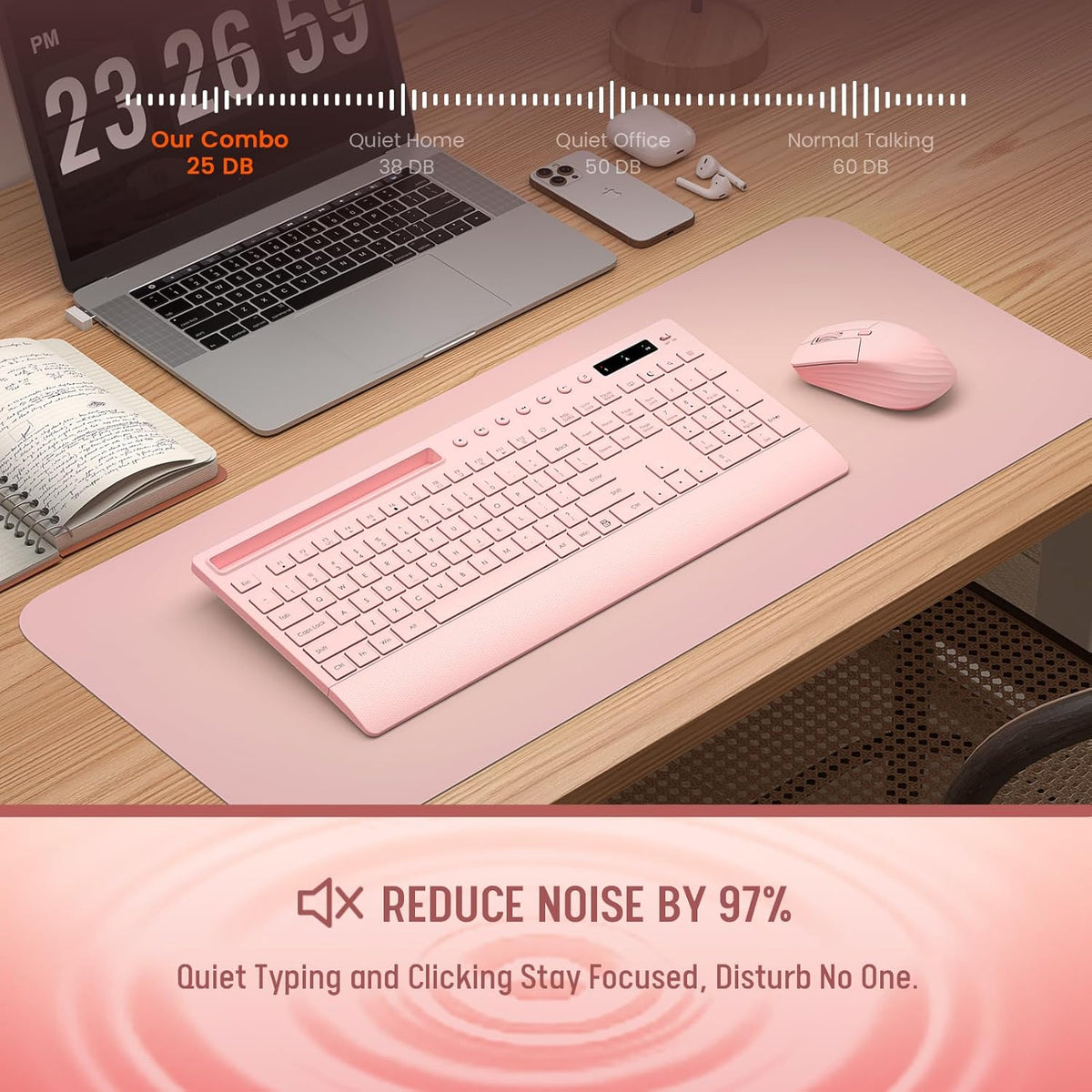 Pink Keyboard and Mouse Wireless, 2.4G Lag-Free Cute Keyboard Combo with Ergonomic Wrist Rest, Phone Holder & Batteries Included, Cordless Silent Key Board Set for Computer, PC, Windows - Trueque
