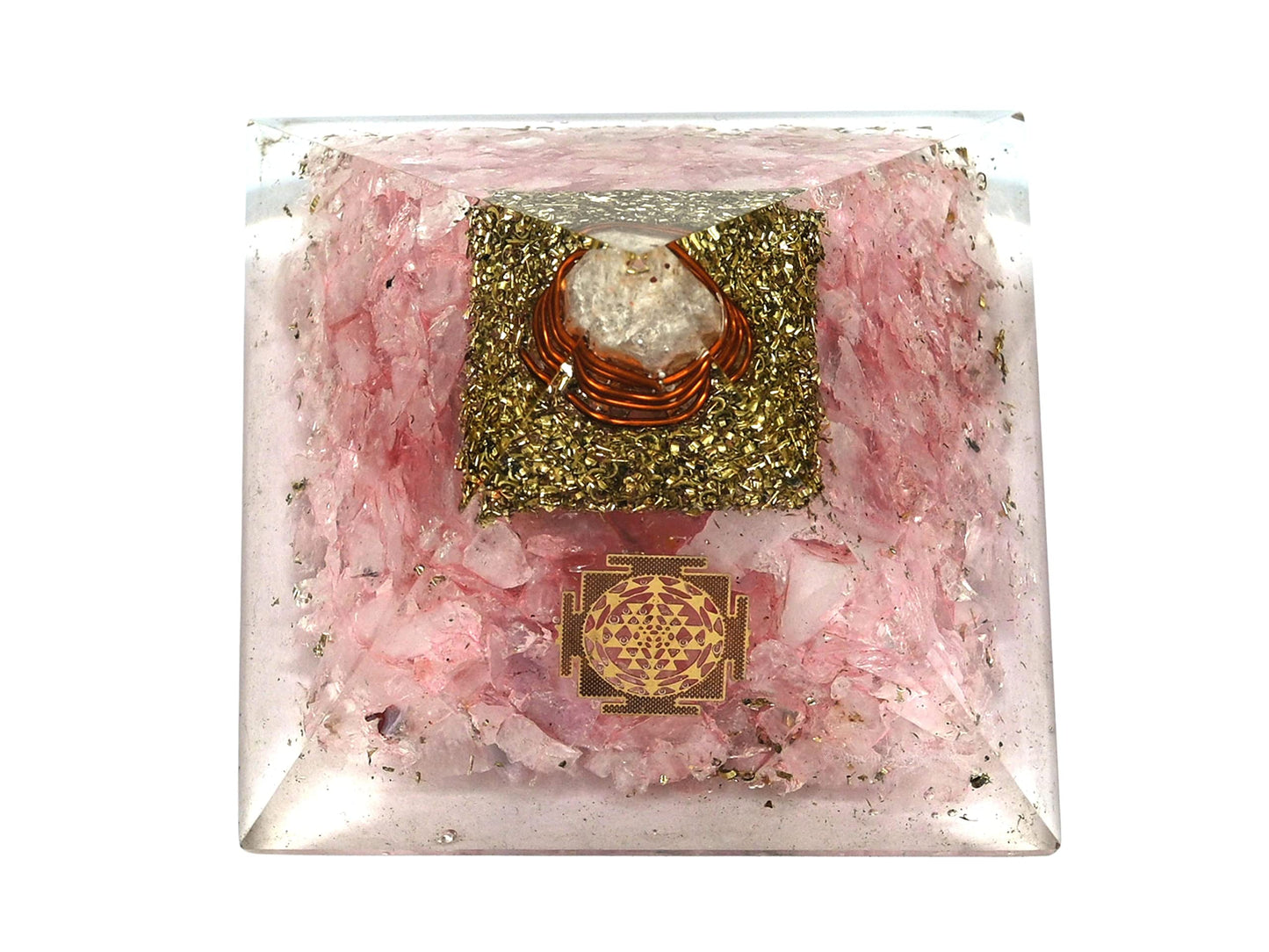 Amazing Gemstone Large Rose Quartz Orgone Pyramid Crystal, Sri Yantra Orgonite Pyramid - Positive Energy Healing
