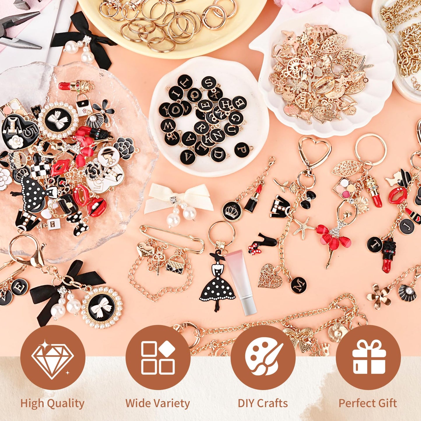 Prdingfy 477Pcs Lip Gloss Keychain Making Kit with Plier & Puncher, DIY Bag Charm & Bracelet Making Supplies, Alphabet Charms & Key Hooks for Personalized Gifts & Small Business