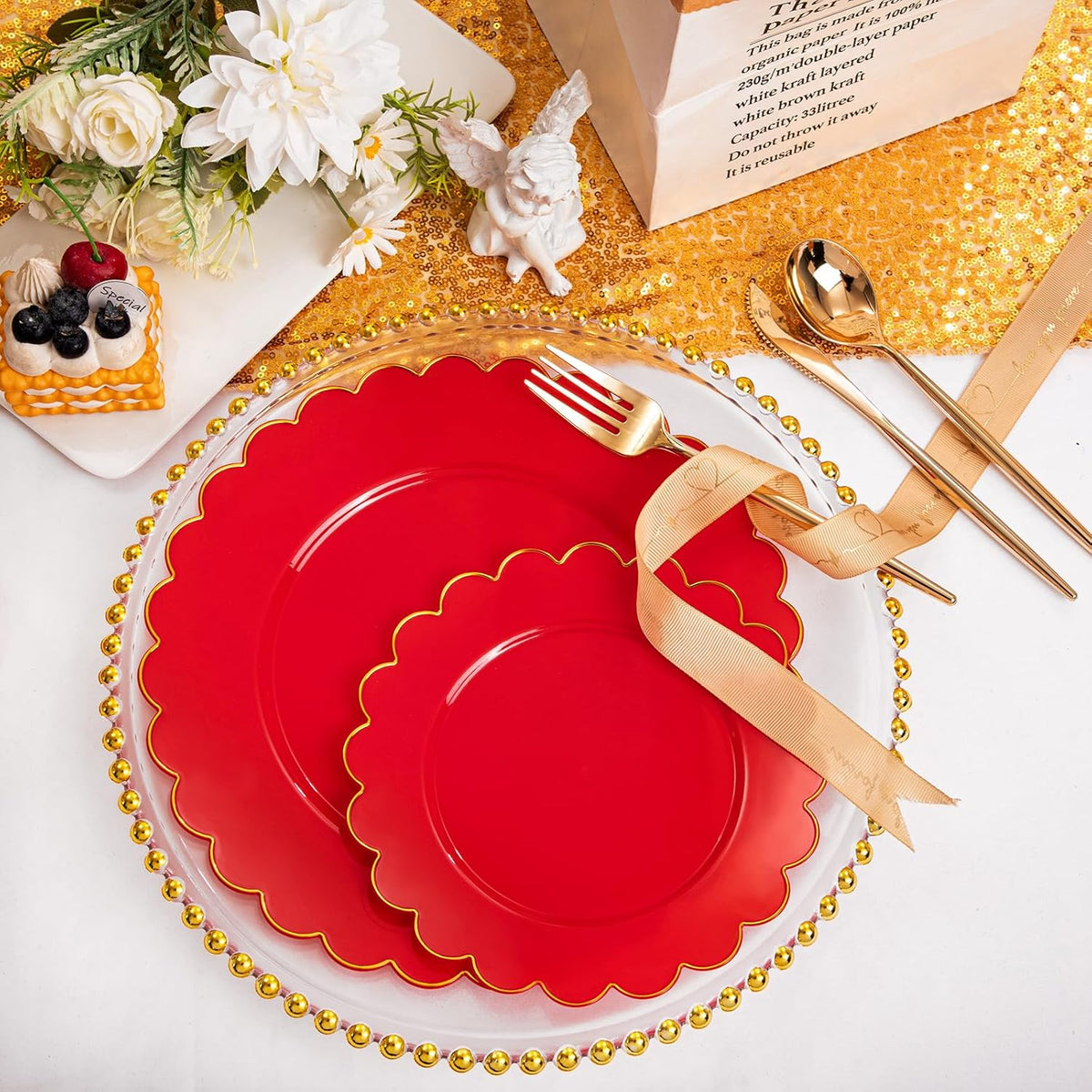 LIYH 60 Pcs Red Scalloped Plastic Christmas Plates with Gold Edge - Red Disposable Plates with Gold Rim Includes 30 Dessert & 30 Dinner Plate Dishes Tableware for Party Christmas Day
