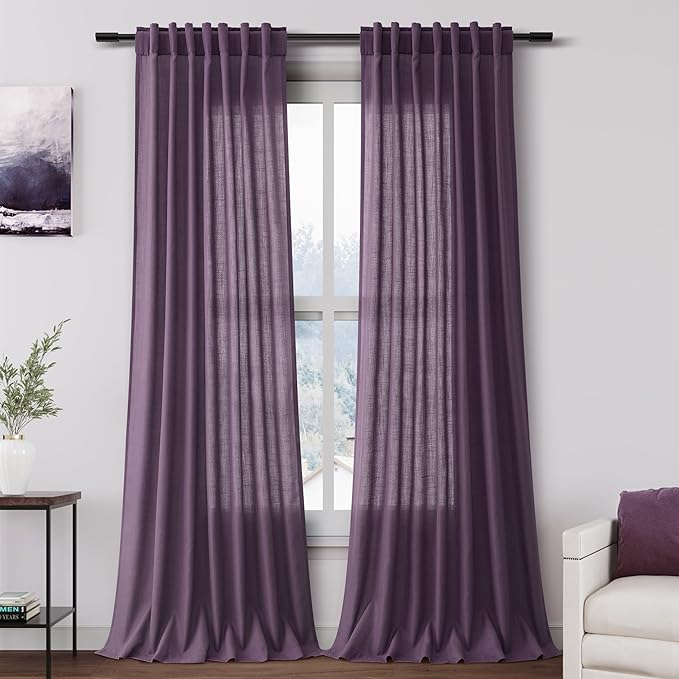 Nanspring Plum Linen Curtains 96 Inches Long 2 Panels Set for Living Room Rod Pocket Back Tab Semi Sheer Light Filtering Protect Privacy Plum Curtain for Bedroom Floor Length 52x96