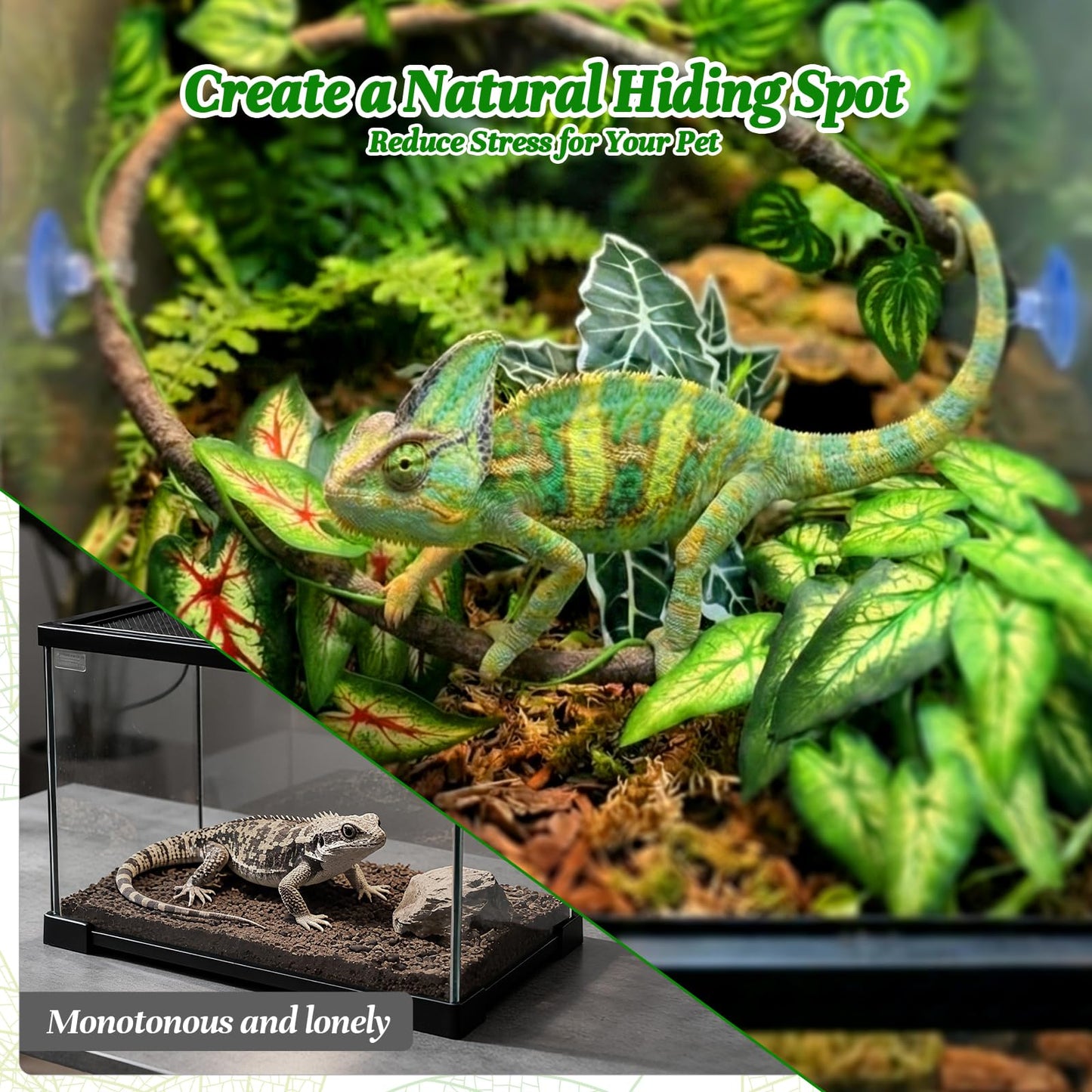 5 Pcs Reptile Plants & Habitat Decor Kit - 3 Artificial Plants & Large 3.3ft Jungle Vine Branch, TTerrarium Hanging Plants Vines for Crested Gecko, Leopard,Bearded Dragon, Lizard,Chameleon,Ball Python