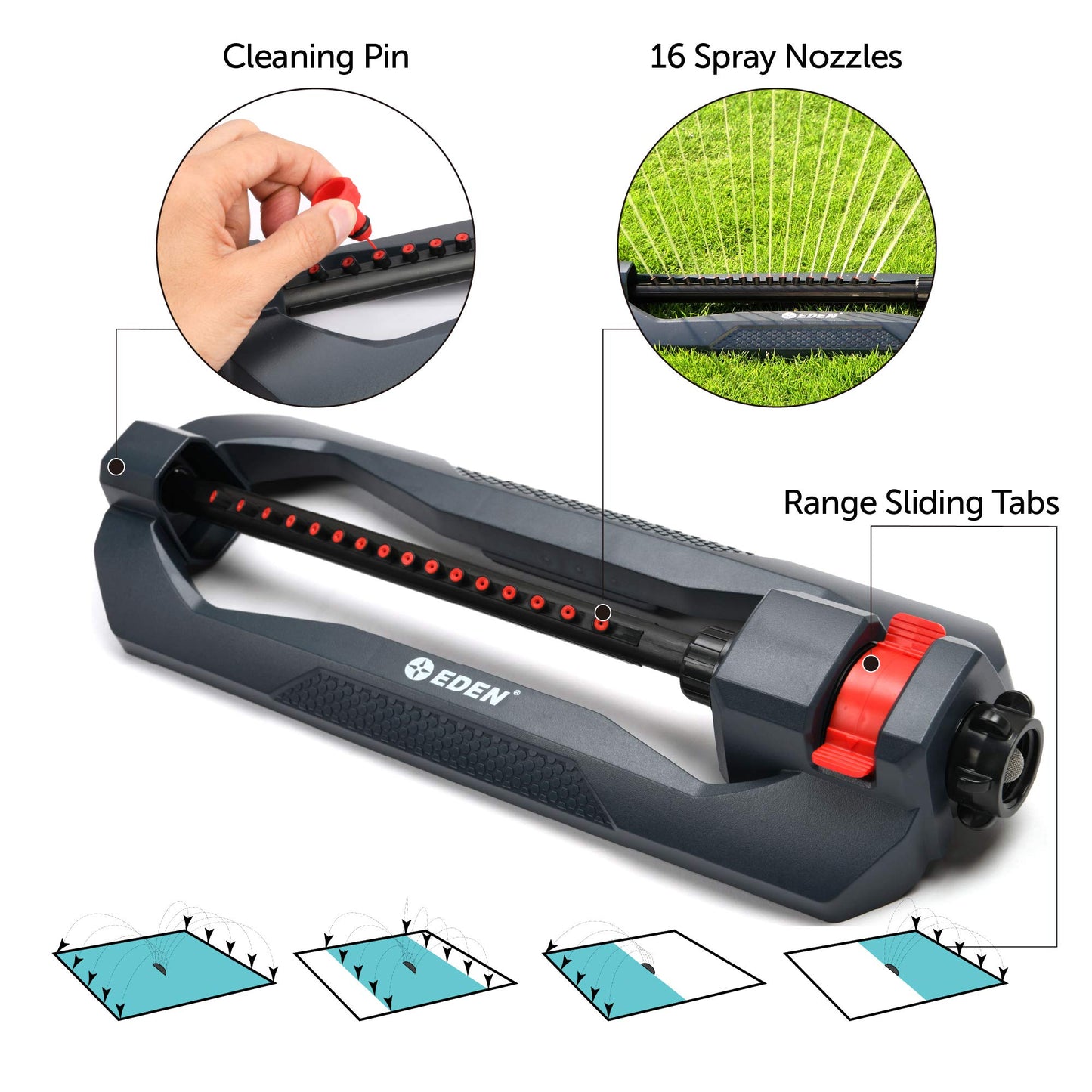 Eden 96213 Essential Turbo Oscillating Water Sprinkler, Covers Up to 3,600 sq. ft., 16 Nozzles, Weighted Base, Adjustable Range, Quick Connect Bundle, Dark Grey, Red, Silver