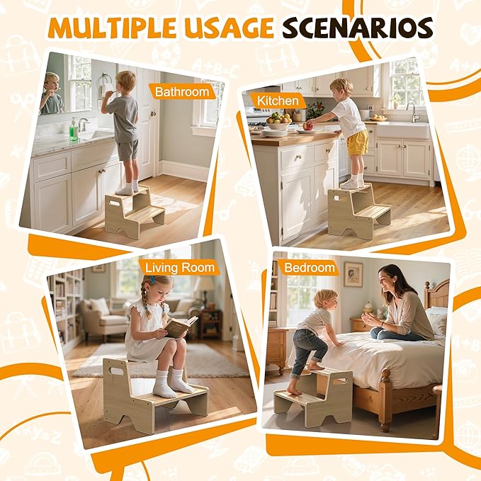 Step Stool for Toddler, Sturdy Wooden 2-Step Stool with Anti-Slip Surface and Pads for Barthroom, Kitchen, Bedroom, Toilet, and Potty Training - 1 Pack