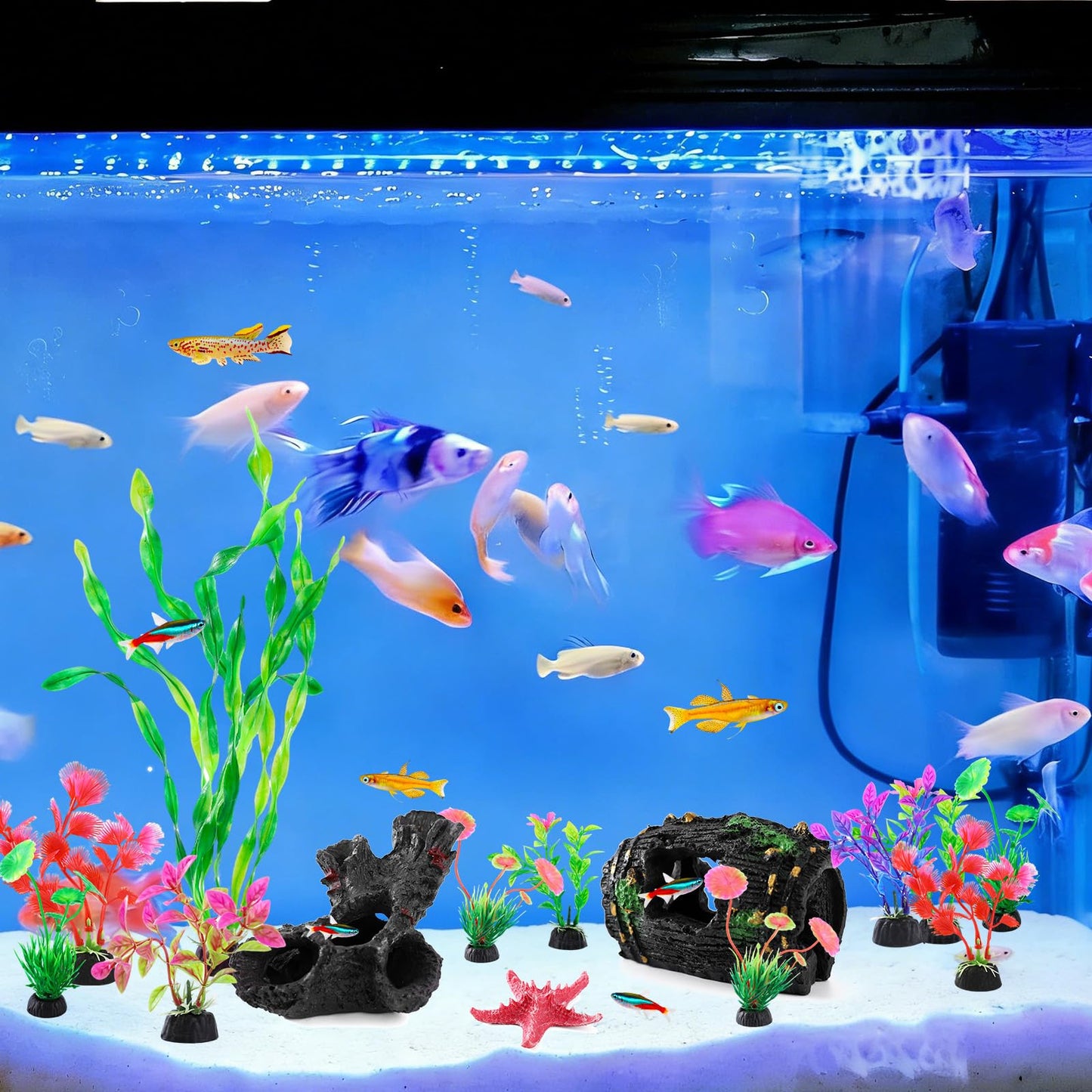 TOKCAM 14pcs Fish Tank Decorations Set, Aquarium Decor Driftwood, Resin Fish Broken Barrel and Artificial Plastic Plants, Fish Bowl Ornaments Betta Tank Hideout Accessories
