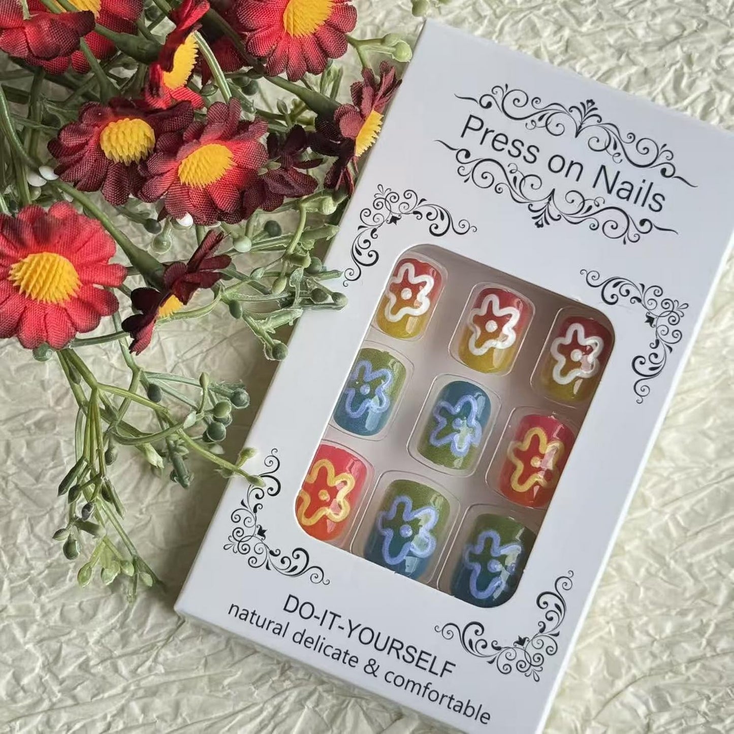 24pcs Short Square Press on Nail Summer Fake Nails Colorful with 3D Flower designs Stick on Nail Full Cover Cute False Nails Reusable Gradient Pride Press ones Glue on Nails for Women Beach
