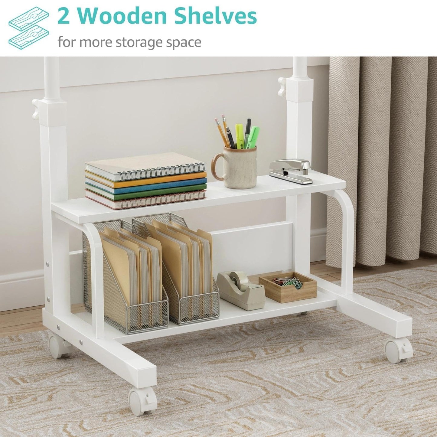 WINAZ Small Portable Laptop Rolling Desk - 32" White Mobile Kids Desk with Wheels for Small Spaces, Height Adjustable C Shaped Side Table with 2-Tier Storage Shelves for Bedroom