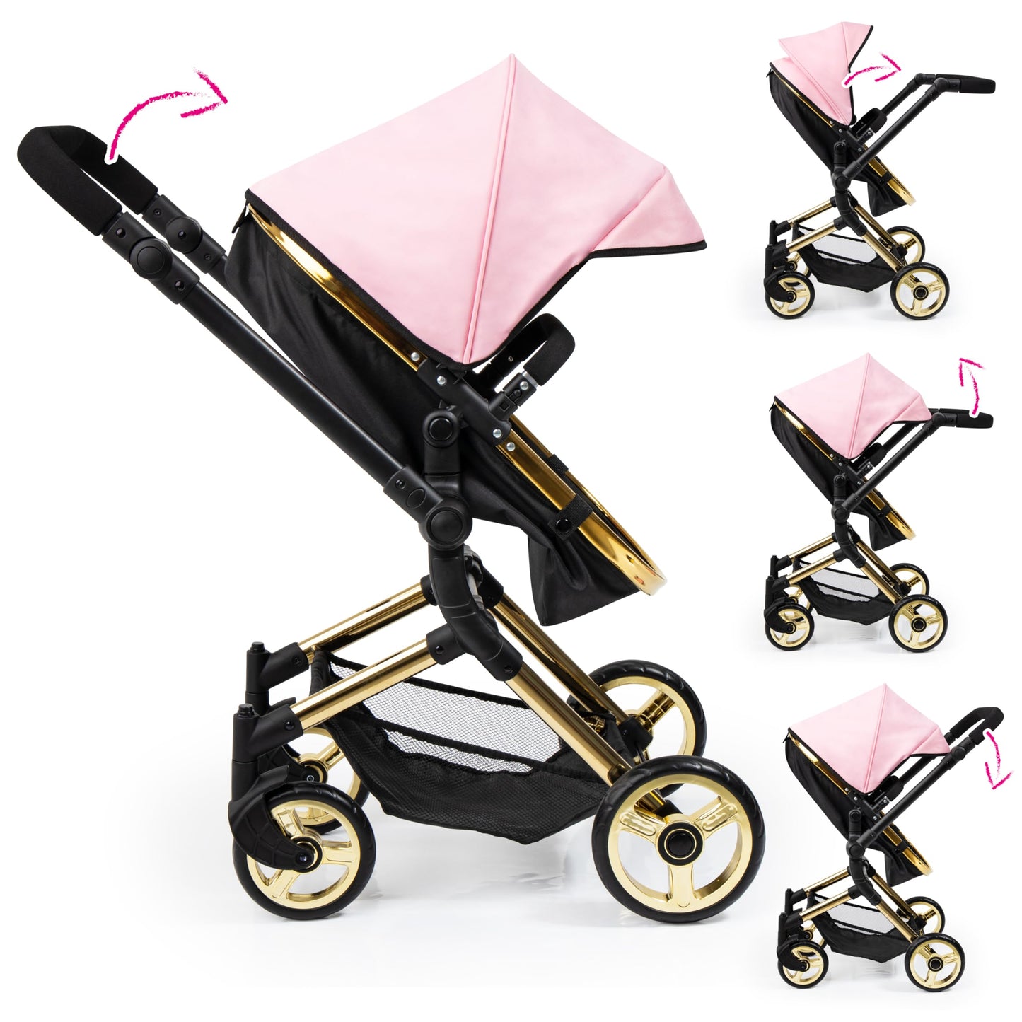 Bayer Pram Neo Vario Convertible Doll Stroller, Pink Black Gold, Foldable Toy with Shoulder Bag, Ages 3+