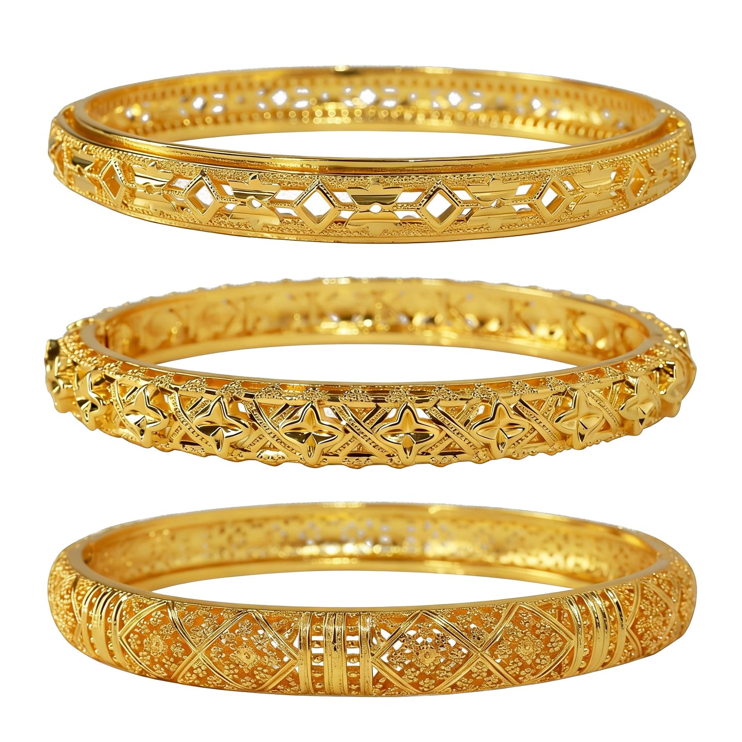 FIVESWEET 18K Gold Plated Women's Bangle Bracelet Set - Stackable Bulk Bracelets with Hollow Diamond, 3D Starburst and Glittering Lattice Designs, Minimalist Stylish Elegant, Tarnish & Oxidation Resistant, Gift for Her Girlfriend Wife Mom Sister Lover on