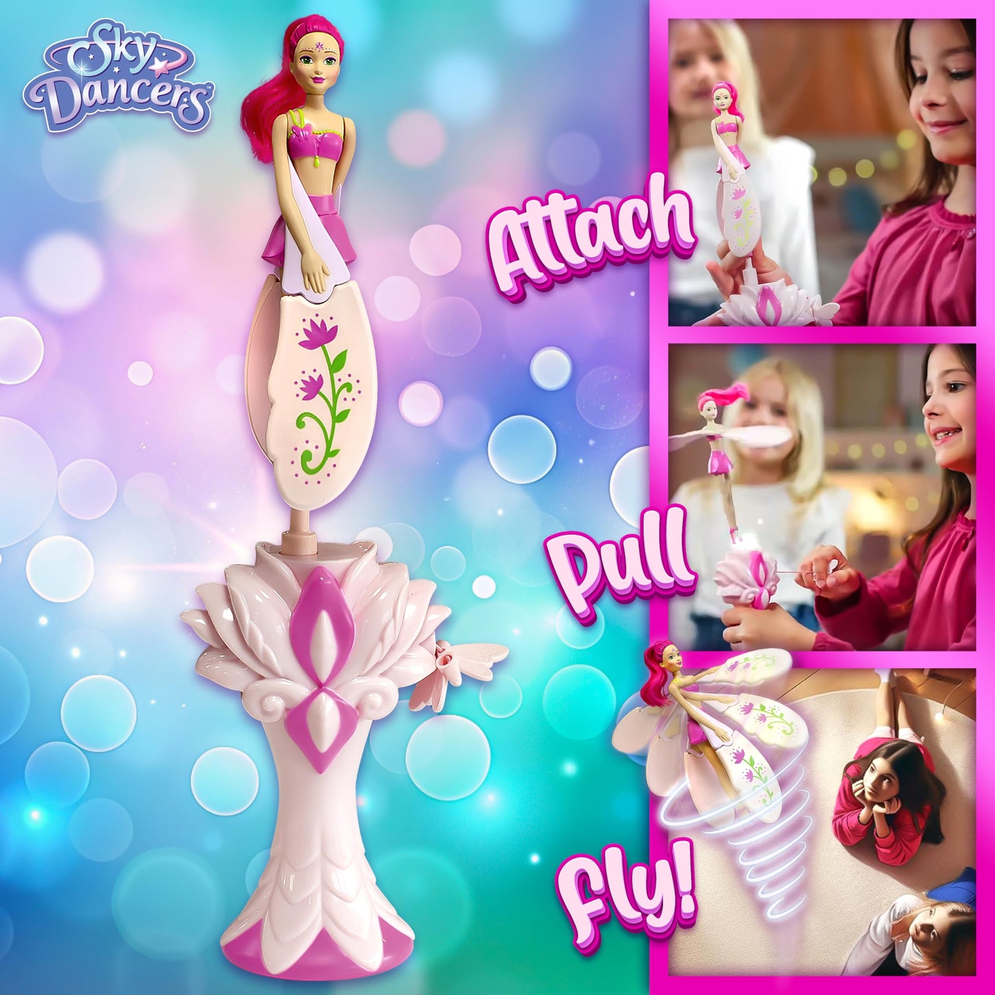Sky Dancers Flying Doll – Fuchsia Fantasy | Original 90s Throwback Toy that Really Flies | Pull-String Powered, No Batteries Needed | Magical Gift for Girls & Boys Ages 6+