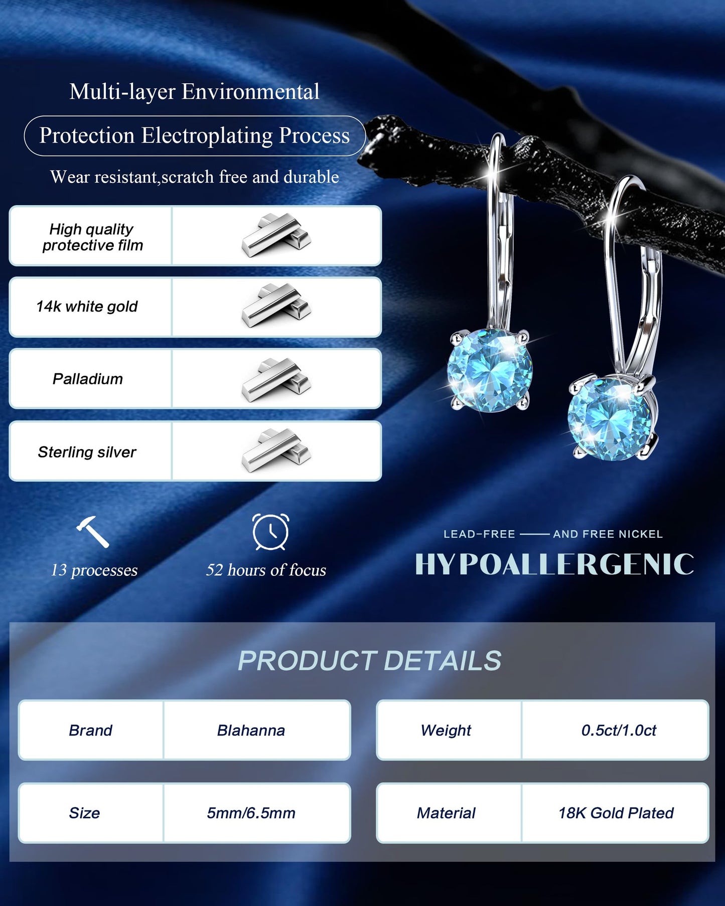 Blahanna Moissanite Earrings,1.0ct-2.0ct D Color Brilliant Round Cut Earrings S925 Sterling Silver Dangle Earrings Moissanite Leverback Drop Earring