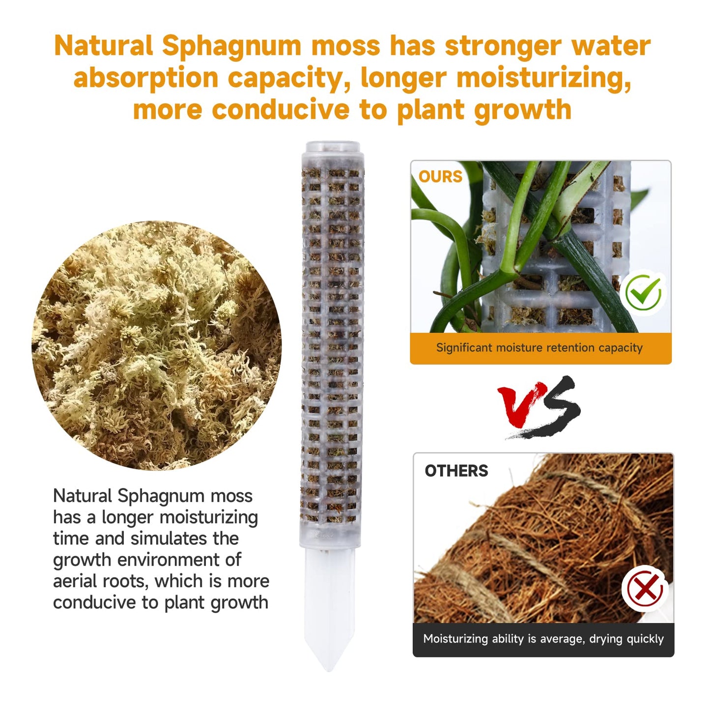 Phoedg Pre-Filled Sphagnum Moss Pole for Climbing Plants, 25.4 Inch Extendable Plant Stakes, Reusable Plastic Moss Support Poles, Long-Lasting Moisture for Pothos & Monstera Growth