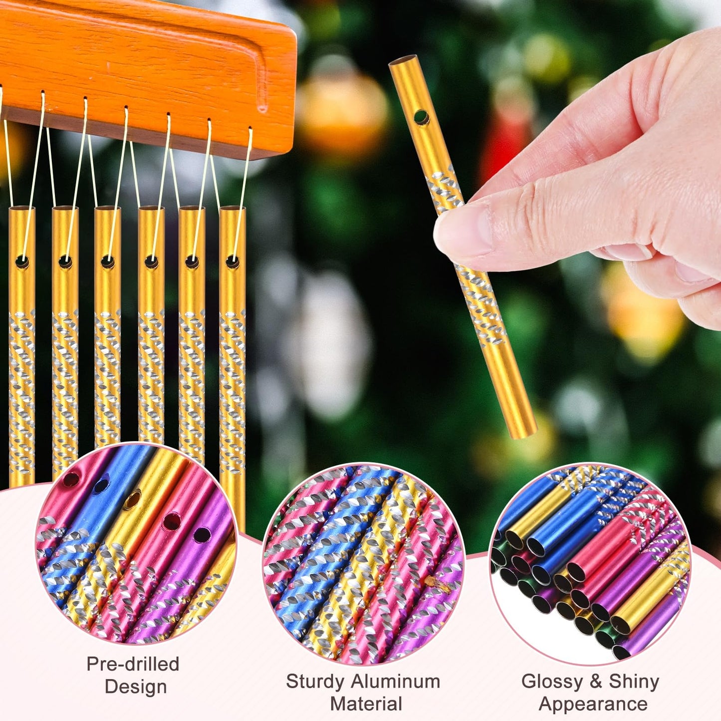 M METERXITY 50-Pack Wind Chime Tubes, Aluminum Wind Chime Empty Tubes with String, Metal Wind Bell for Adults Arts and Crafts/DIY Home Garden Outdoor Hanging Decorations [0.6x8cm, Yellow]