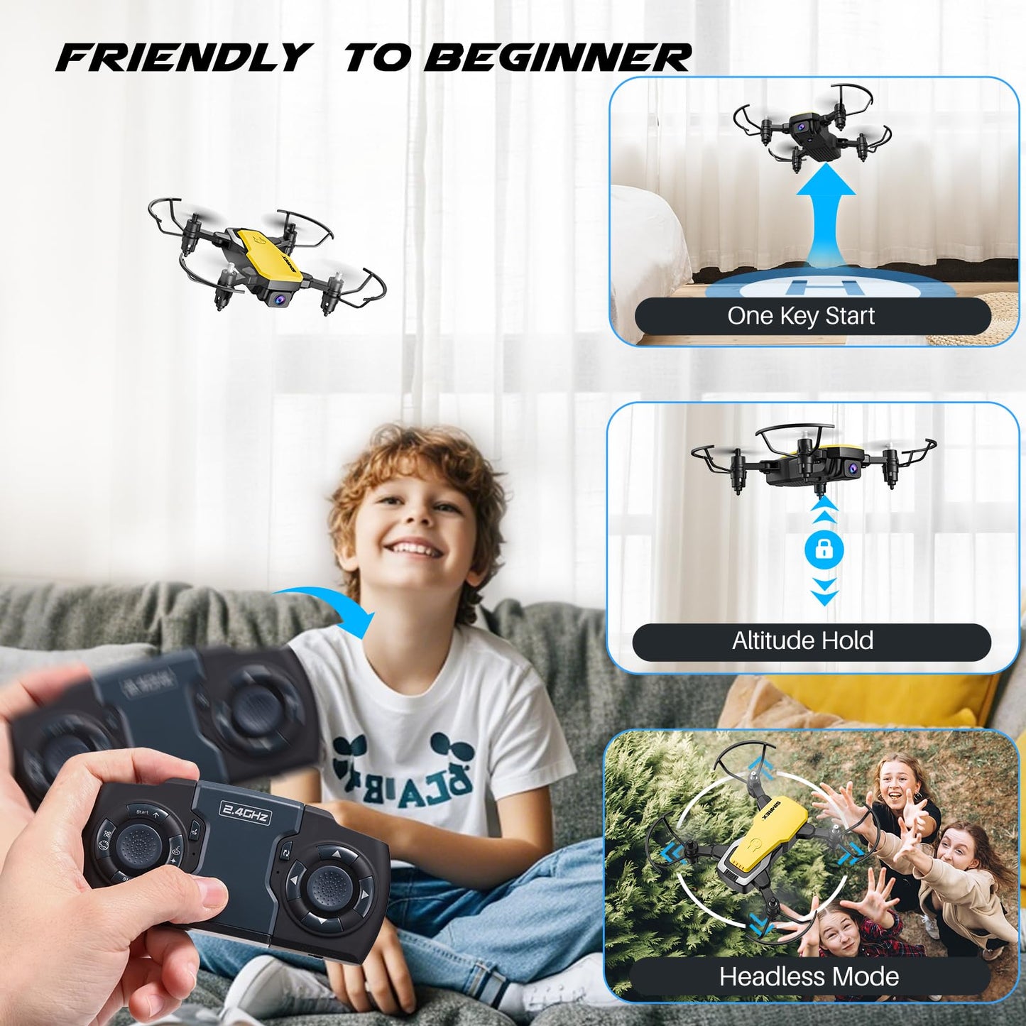 SIMREX X300C Mini Drone with Camera 720P HD FPV, RC Quadcopter Foldable Drone With Altitude Hold, 3D Flip, Headless Mode, Gravity Control and 2 Batteries, Gifts for Kids, Adults, Beginner, Yellow