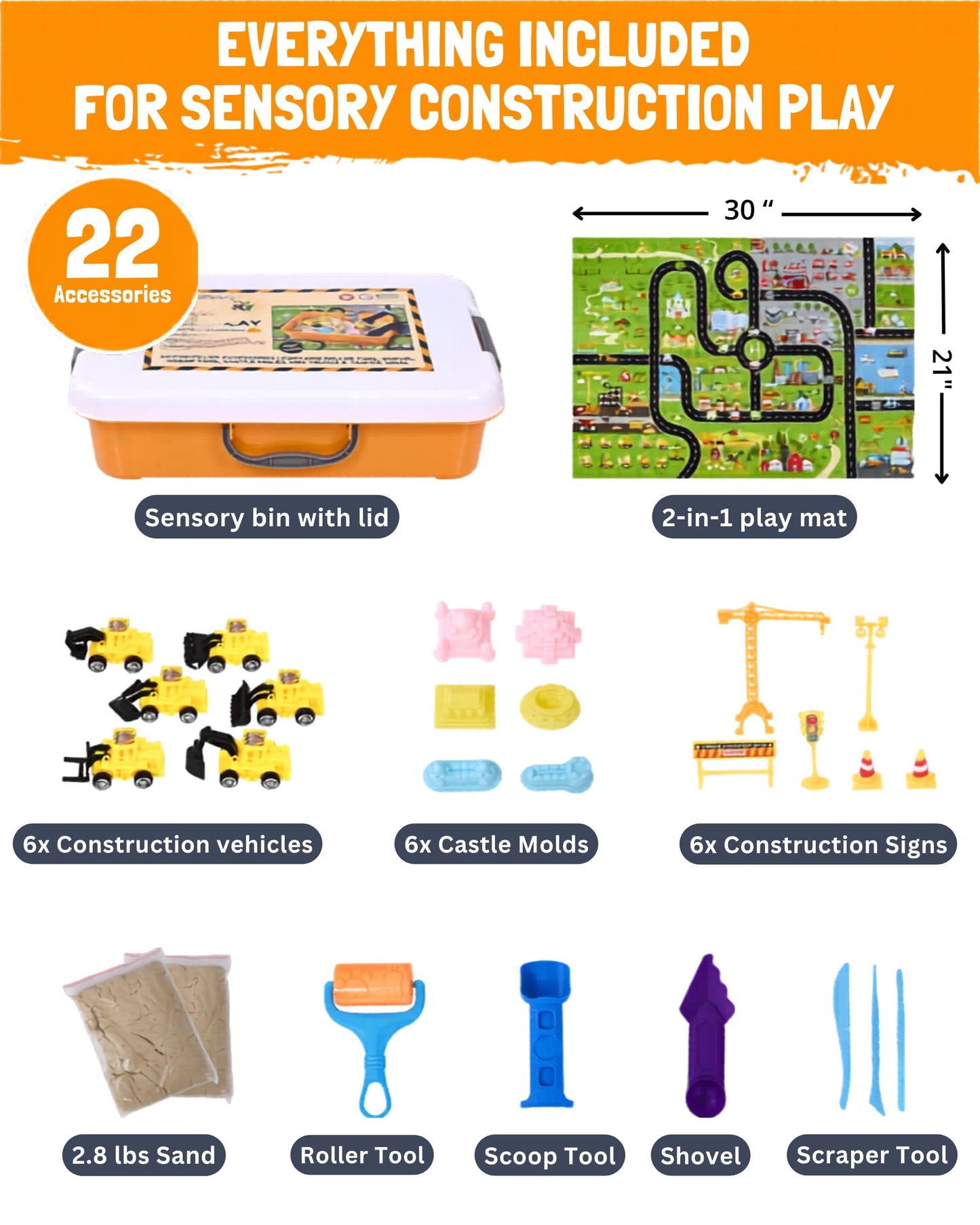 Riyo Play Construction Sensory Bin for Toddlers with 2-in-1 Play Mat & 2.8lbs Moldable Sand, Kids Sensory Bin with Lid & Handle, Toddler Sensory Kit Boys & Girls, Learning Activity, Gift Ages 3+
