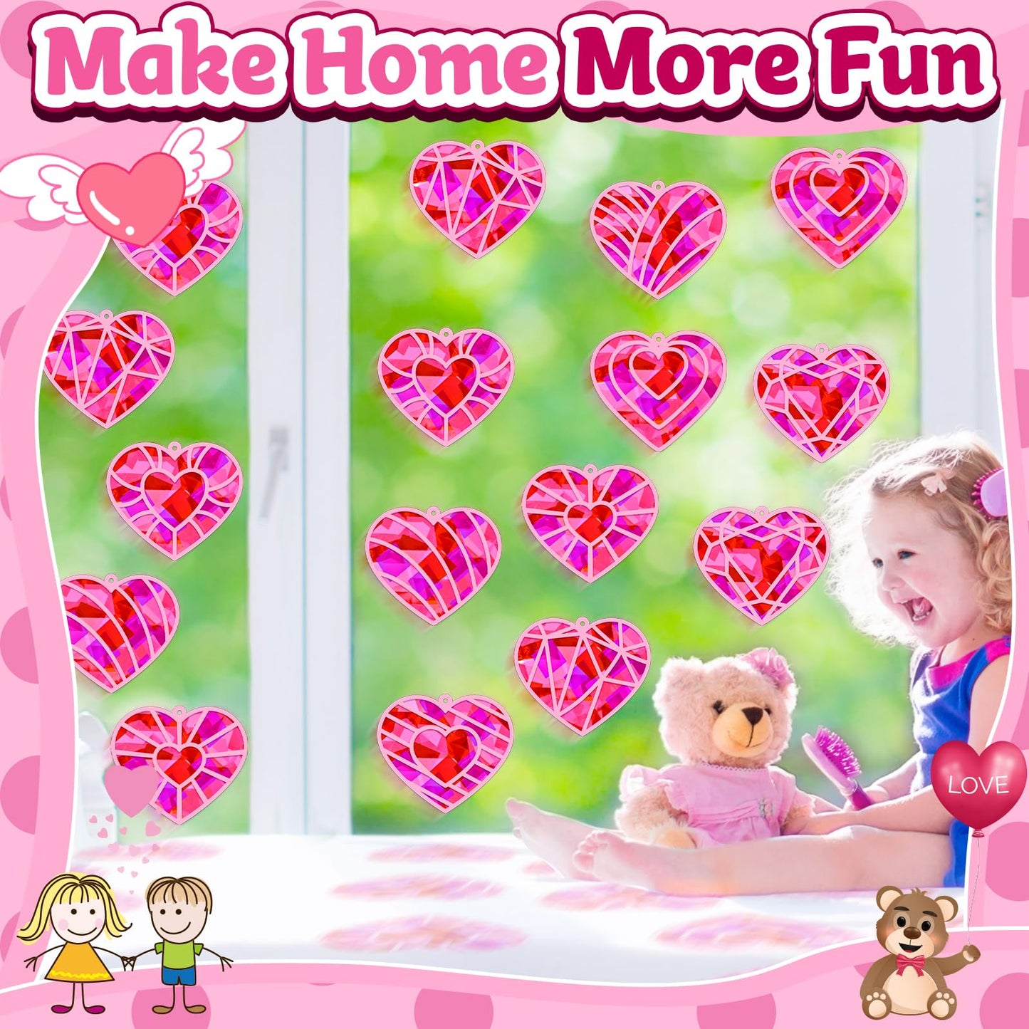 32 Sets Valentines Day Heart Suncatchers Craft Kit DIY Window Stained Glass Effect Valentines Heart Paper Crafts Home School Classroom Decoration Birthday Gift Creative Art Project & Activity Game