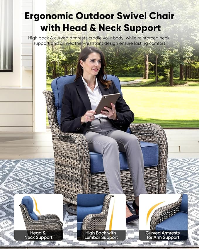 HUMMUH 6 inch Thick Cushion Wicker Patio Furniture Set with Outdoor Swivel Rocker Patio Chairs,High Back Outdoor Couch and Coffee Table for Porch Garden Deck