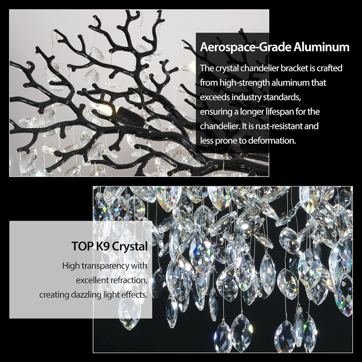 Modern Black Crystal Tree Branch Chandelier,14-Light 40" Black K9 Crystal Chandeliers for Living Room, Round Chandelier for Dining Room,High Ceiling,Kitchen Island,Foyer,Staircase