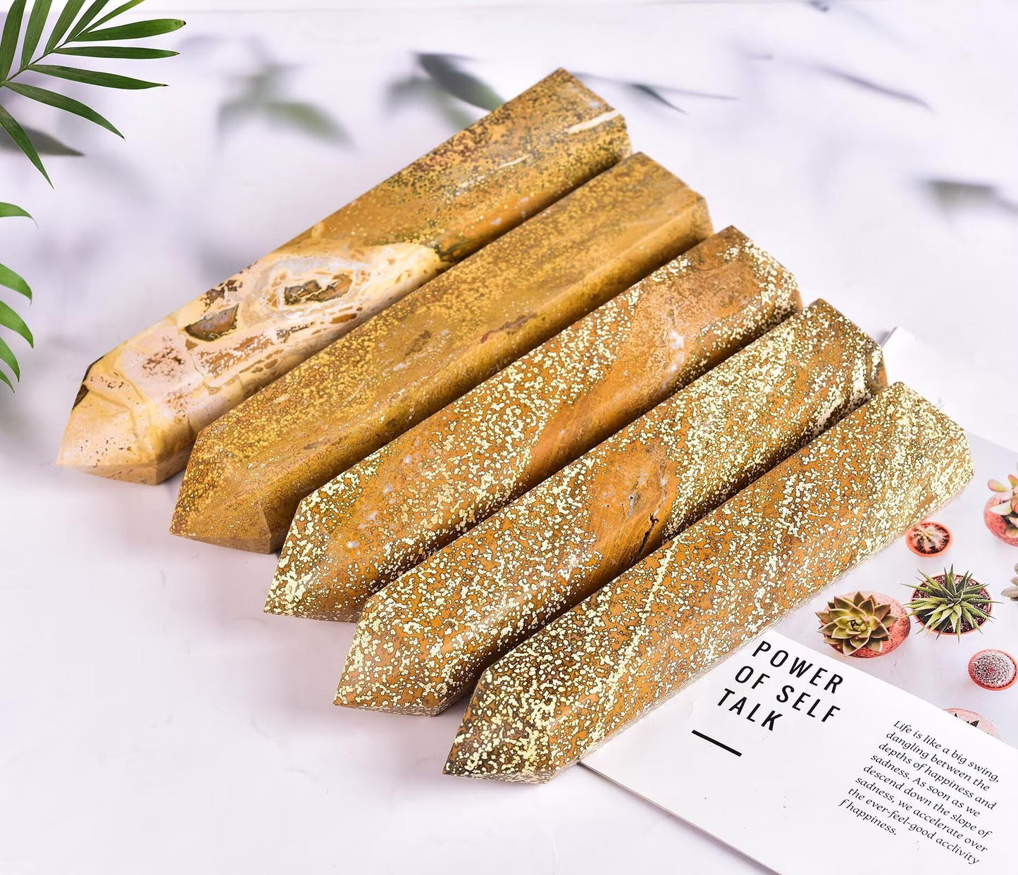 AMOYSTONE Large Yellow Ocean Jasper Stone Wand Healing Crystal Obelisk Tower 6 Faceted Column Reiki Chakra Meditation Therapy 2.2-2.6 LBS