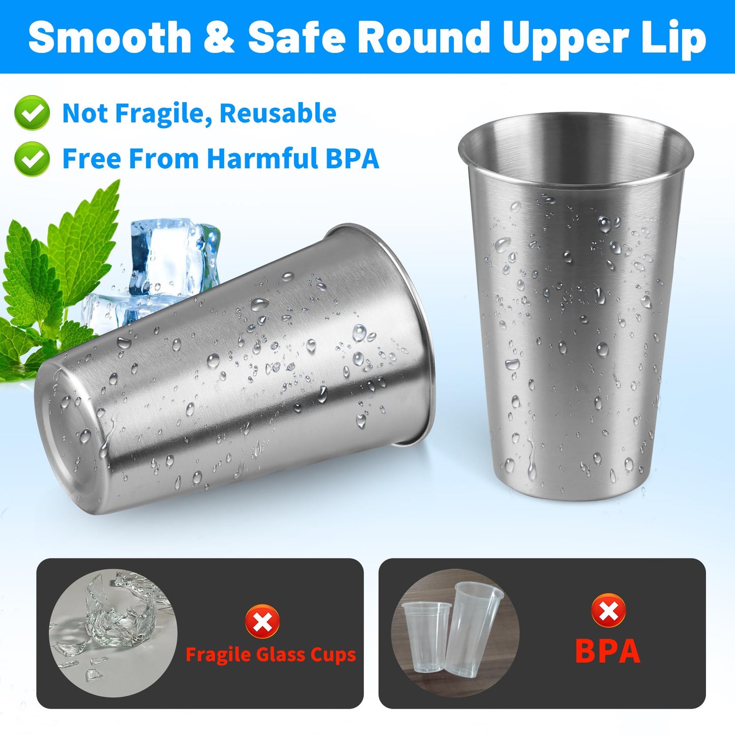 HAMILADUO 16Pack 16 oz Stainless Steel Pint Cups,Stainless Steel Cup,Pint Cup Tumbler，water Tumbler,Stackable,Reusable,BPA Free, (16)