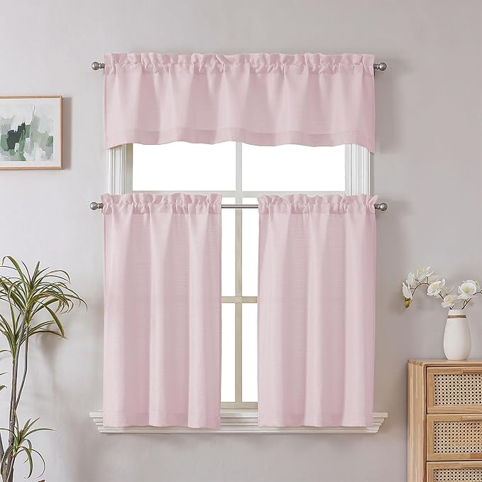 Chyhomenyc Bennet 2-Panel Blush Pink Kitchen Curtains, 36 Inch Length Tier, Faux Linen Textured Small Cafe, Light Filtering Short Window for Bathroom Basement, 30x36 Inch