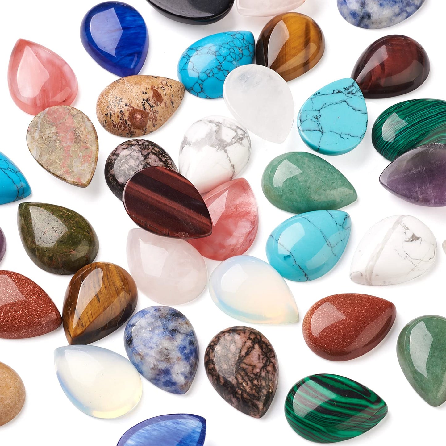 Fashewelry 38pcs Teardrop Healing Crystal Gemstone Cabochons 25x18mm Assorted Flatback Natural & Synthetic Energy Stone Cab Covers No Hole for Jewelry Craft Bracelet Necklace Making