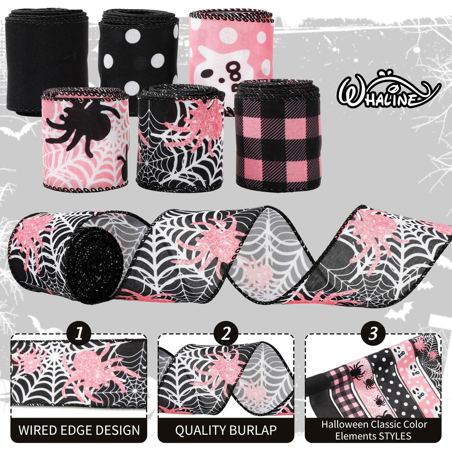 Whaline 6 Roll Halloween Wired Edge Ribbon Ghost Boo Spider Web Ribbon Pink Black Fabric Ribbons for Wreath Bow Making DIY Crafts Wrapping, 30 Yard