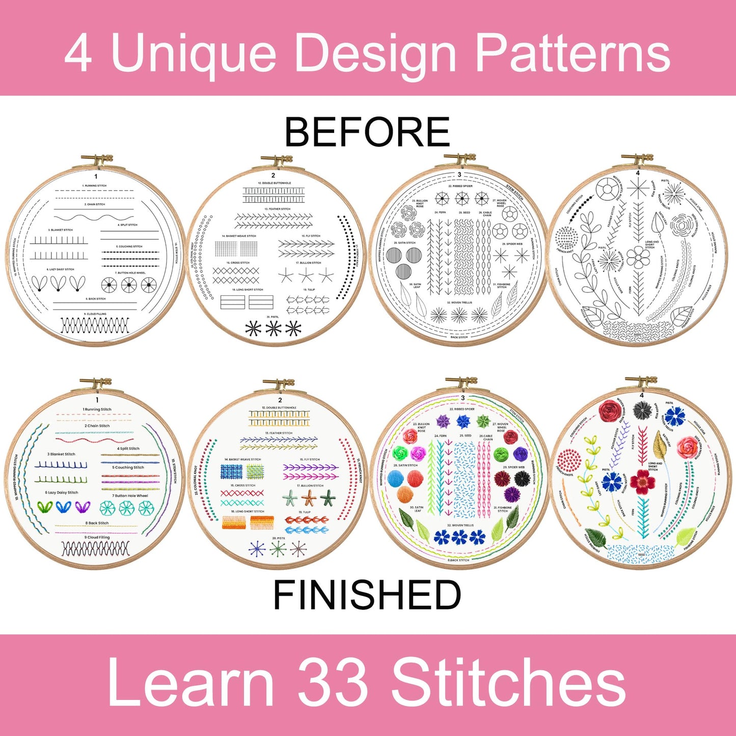 Moni Crafts Embroidery Kit for Beginners – DIY Hand Embroidery Set for Adults with 4 Stamped Patterns, Hoop, Threads, Needles and Step-by-Step Stitch Guide to Learn 33 Stitches