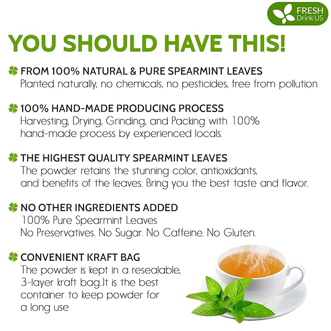 FreshDrinkUS, Premium Spearmint Leaf Powder 8oz – Pure Natural Mint Powder for Tea, Smoothies, Cooking, and Baking – Resealable Pouch