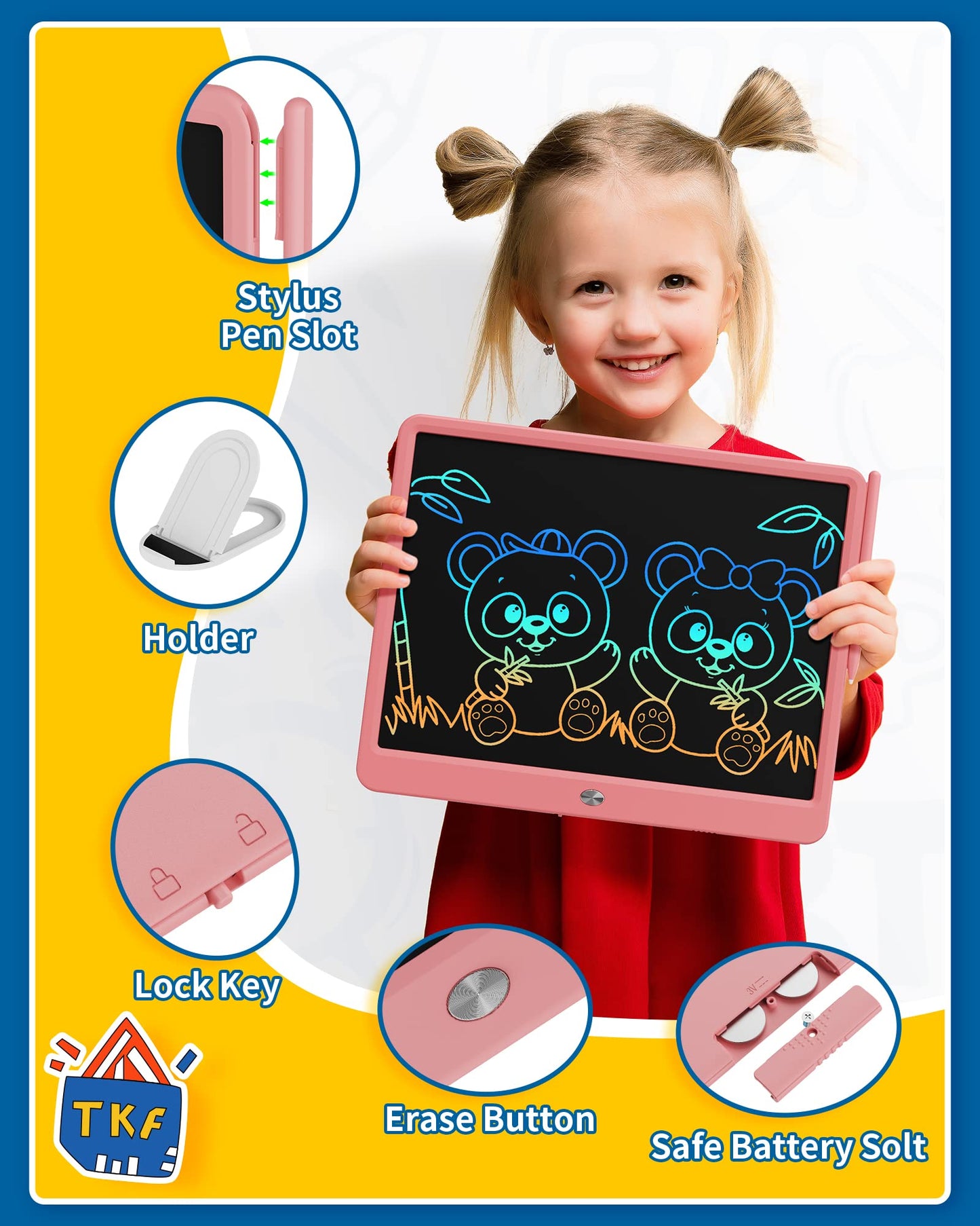 TEKFUN 15 Inch LCD Writing Tablet for Girls Ages 8–12, Large Drawing Tablet for Kids, Screen-Free Writing Pad for Learning & Quiet Time, Creative Christmas Gift for 8 9 10 Year Old Girl (Pink)