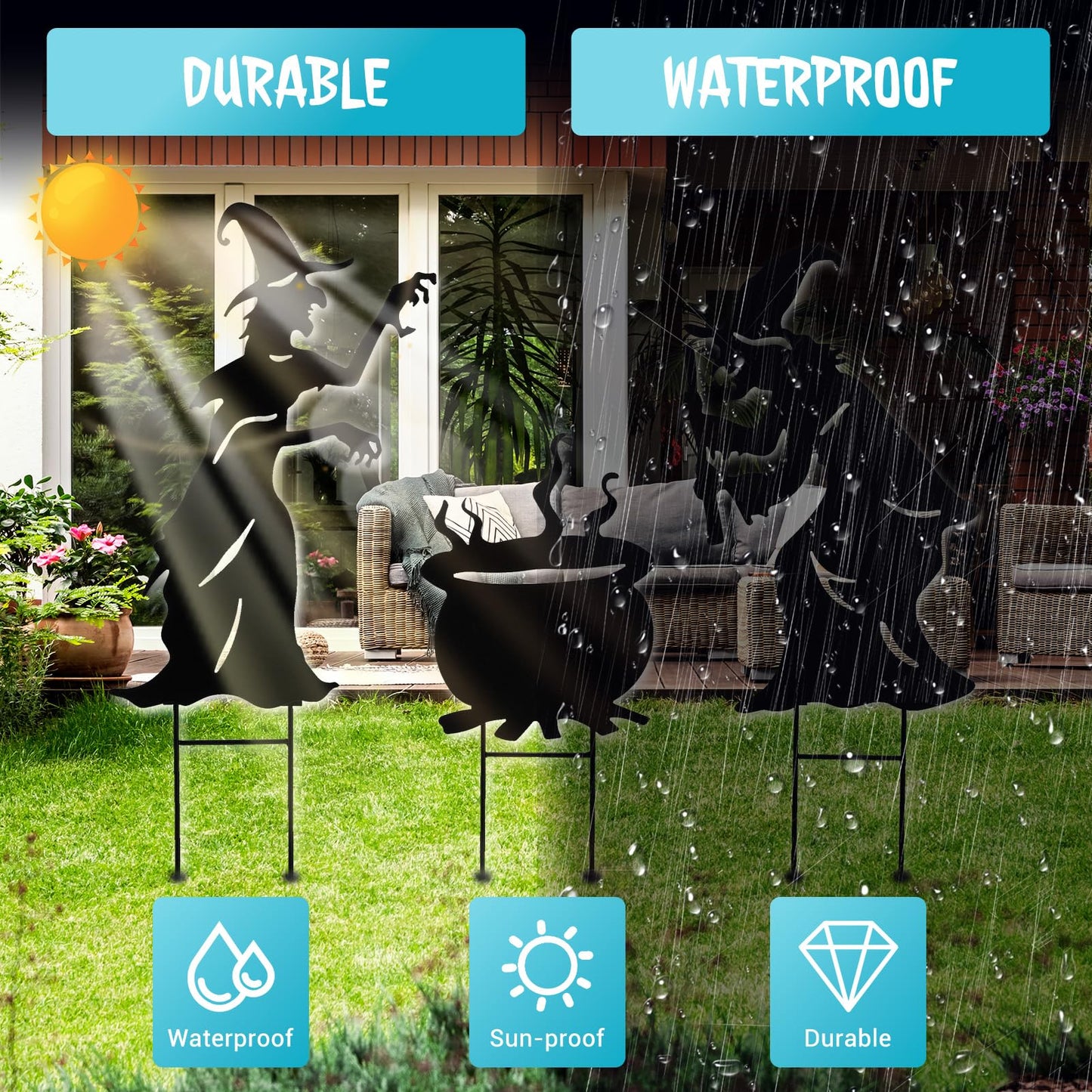 Halloween Witch Yard Decorations Witch Silhouette Yard Stakes with Cauldron,Set of 3 Metal Halloween Yard Stakes for Spooky Decorations Garden Lawn