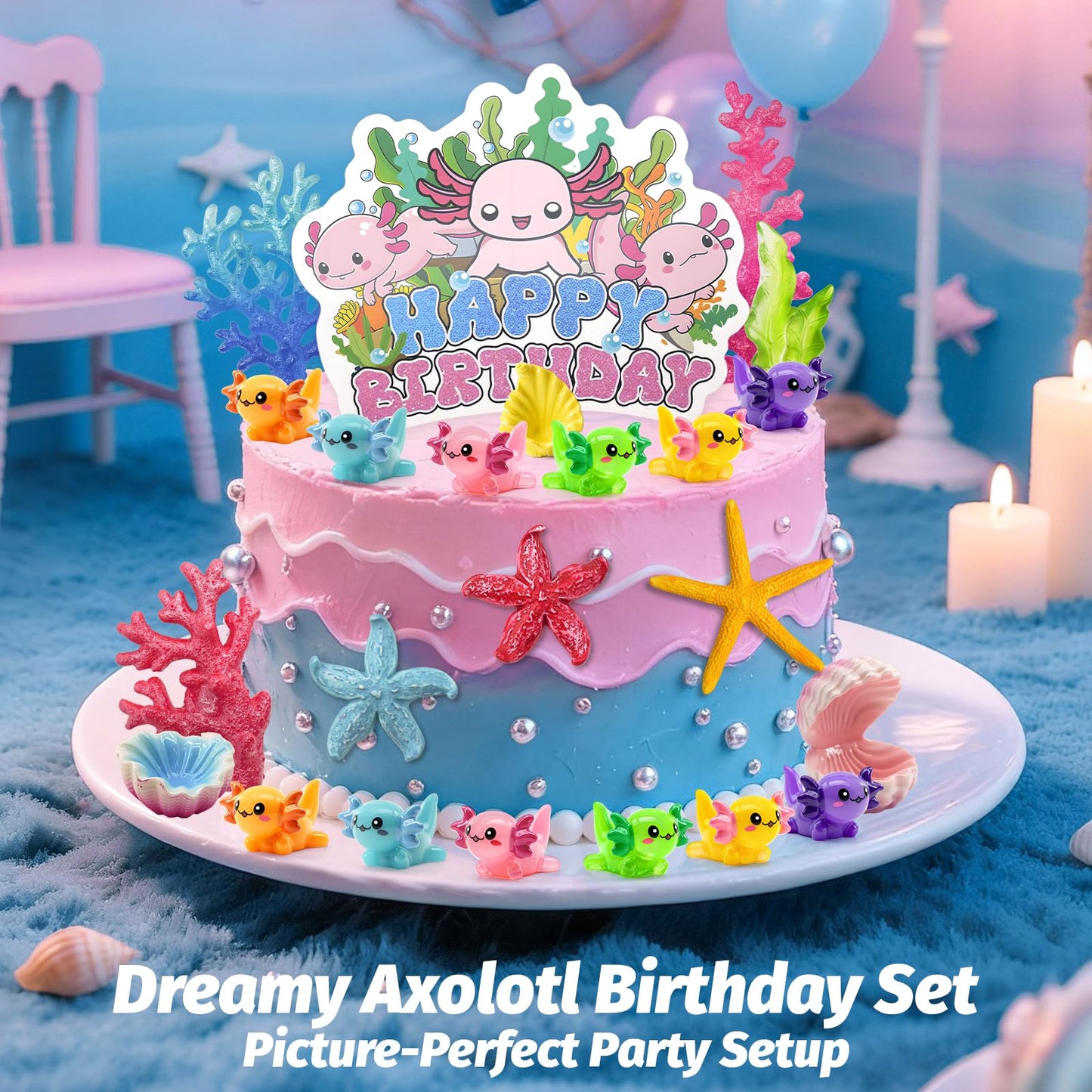 23Pcs Axolotl Cake Topper Kit, Adorable Axolotl Birthday Decorations for Cakes, Cupcakes & Party Dessert Table, Ocean Theme Party Supplies