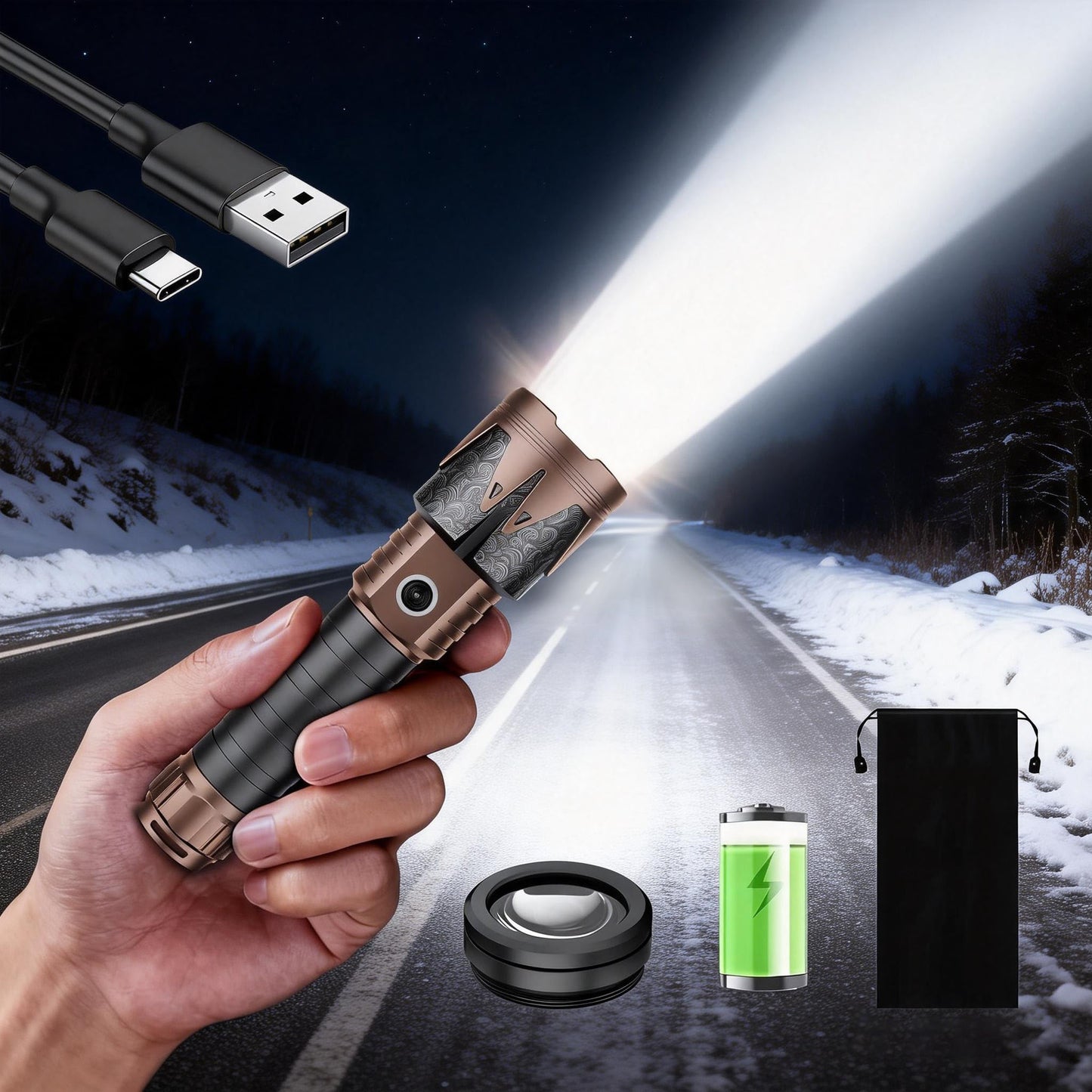 SKYFIRE Rechargeable Flashlight High Lumens with Ignition Lens,5000mAh Fire-Starting Tactical Flashlight,Emergency Survival Gear for Camping Outdoor,6Modes Waterproof Zoomable Small Flash Light