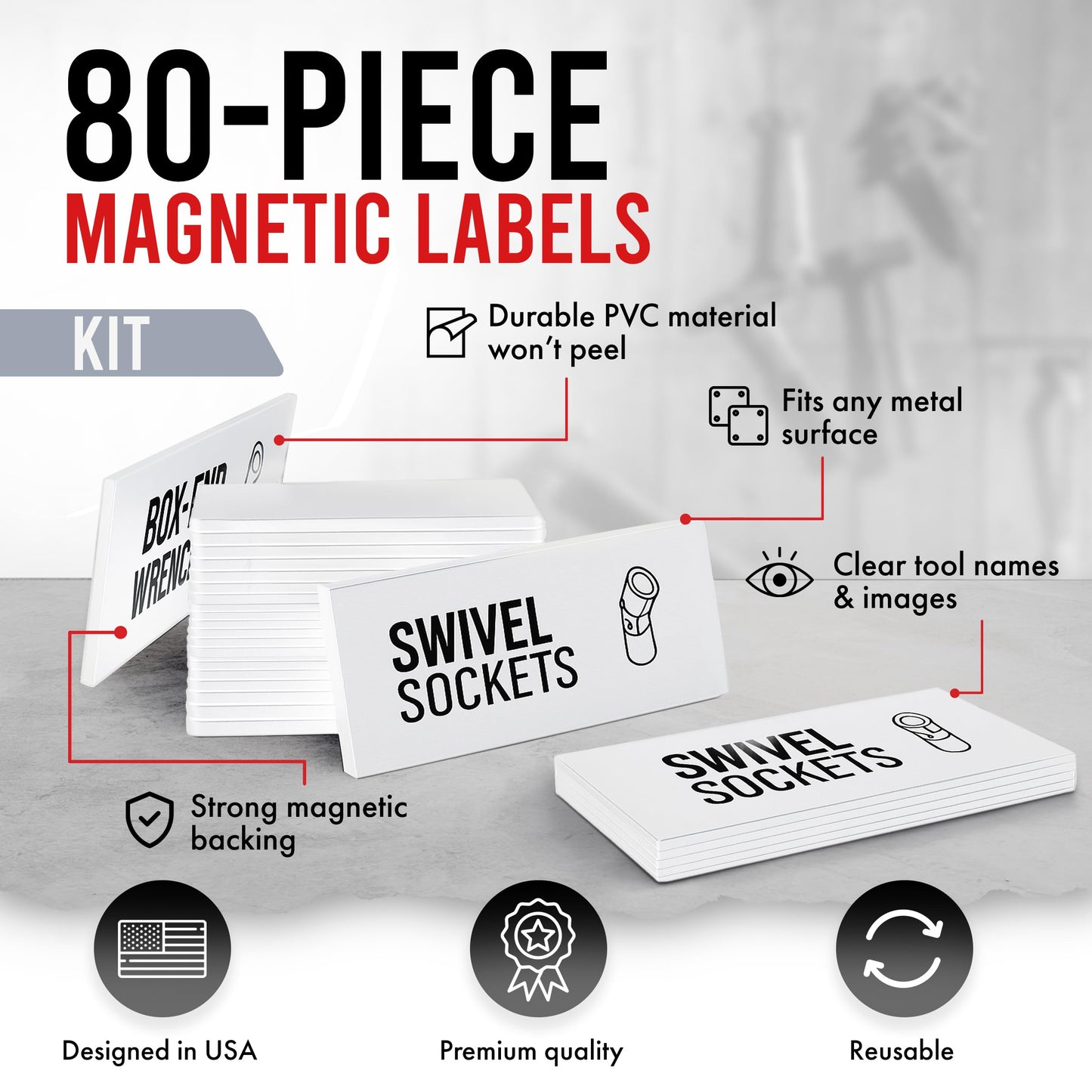 Magnetic Tool Labels for Toolbox – 80 Piece Heavy Duty Drawer & Tool Chest Labels (White), Large Magnetic Toolbox Labels for Steel Drawers, Toolbox Organization Magnets for Garage Storage