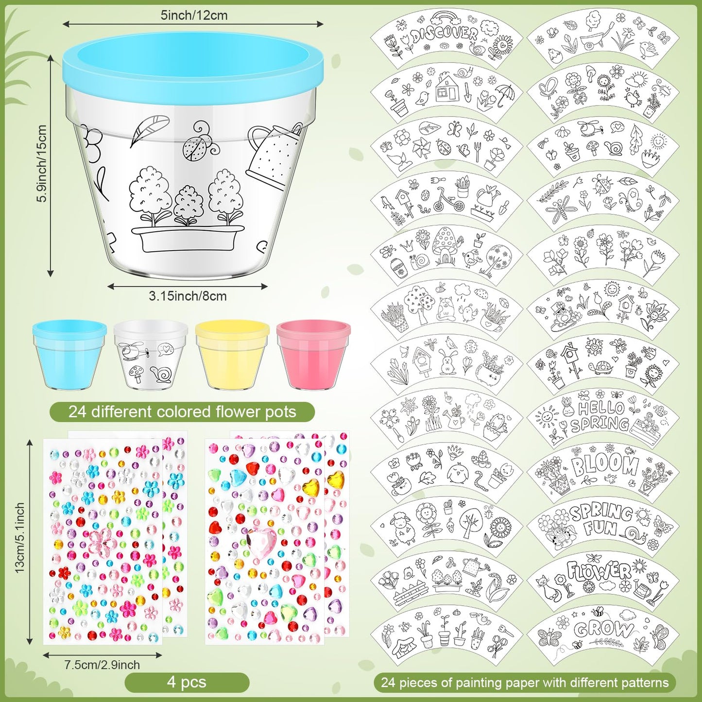 SiliFine 24 Pcs Spring DIY Flower Pots Crafts with 24 Drawing Inserts and 4 Sheets Rhinestone Sticker Color Your Own Flower Plant Pot DIY Art Projects Fun Activities Mother's Day Gift