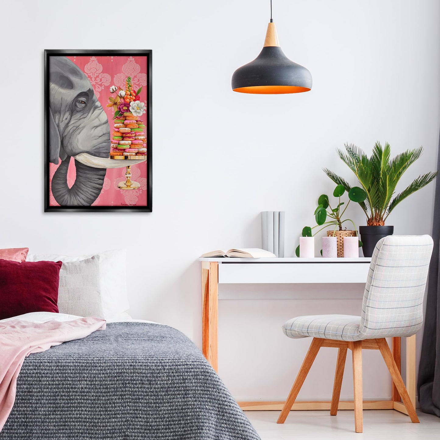 Stupell Industries Elephant & Stacked Desserts Black Framed Floater Canvas Wall Art, design by Heather Gauthier, 21 x 31