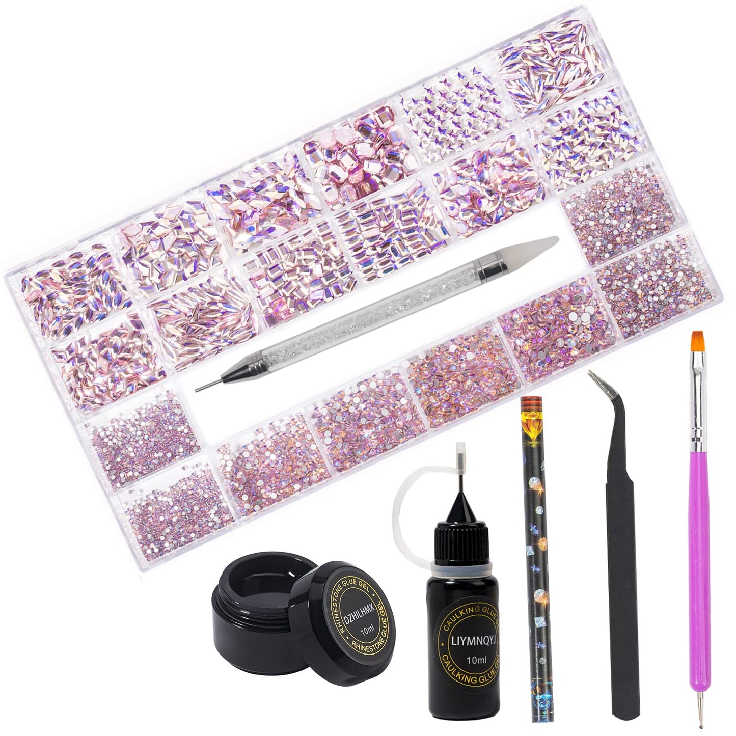 DZHILHMX Nail Rhinestones - 4300pcs Crystal Pink AB, Multiple Shape Gems, Flat Back Rhinestones, with Kit and Glue Gel, for Nail Art