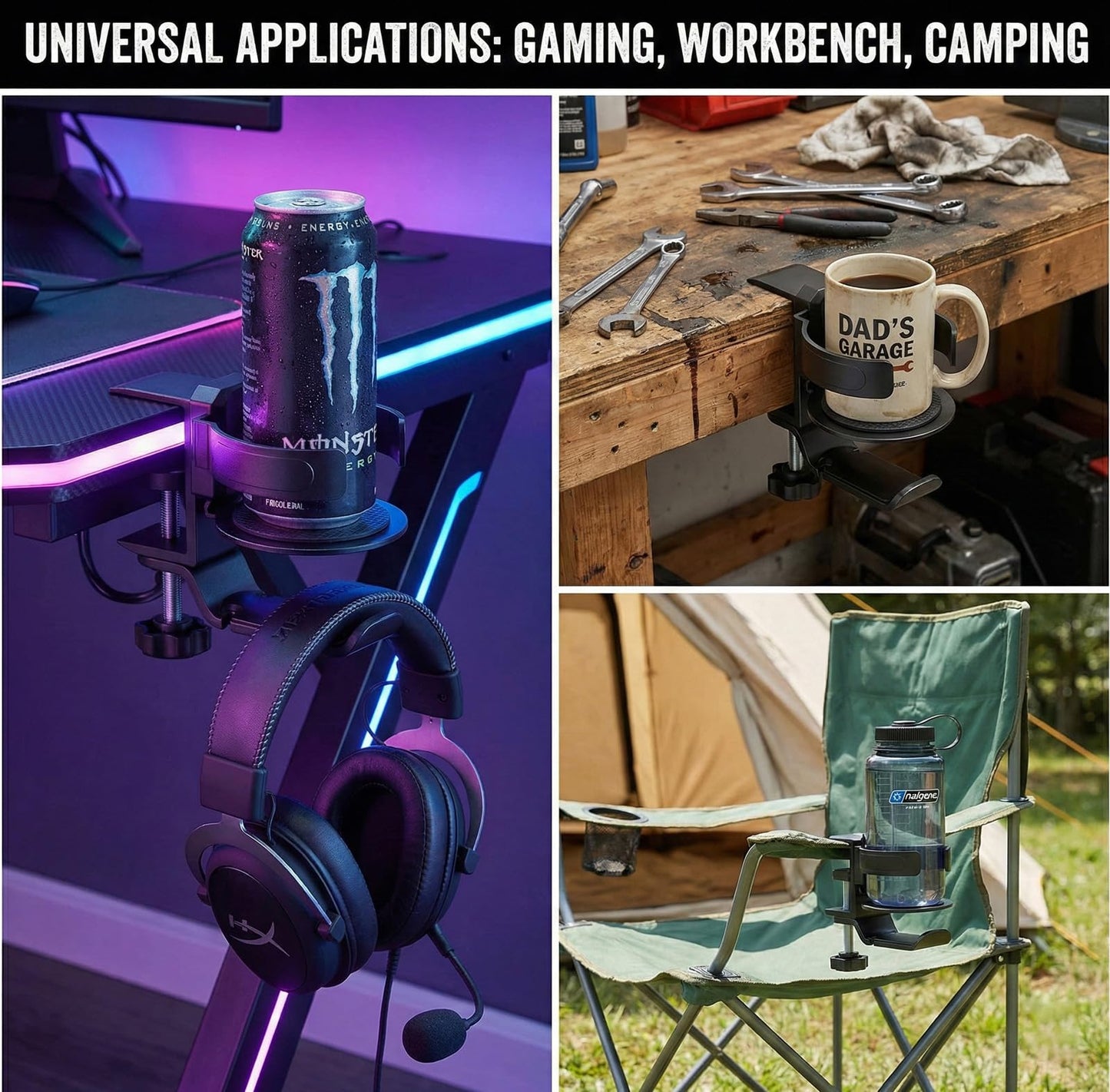 3 in 1 Desk Cup Holder & Headphone Hanger, 360° Rotating Under-Desk Hook, Aviation-Grade Aluminum Clamp-On for Gaming Desks, Workbenches, Shelves & Camping Chair Armrests, Fits Large 40oz Tumblers